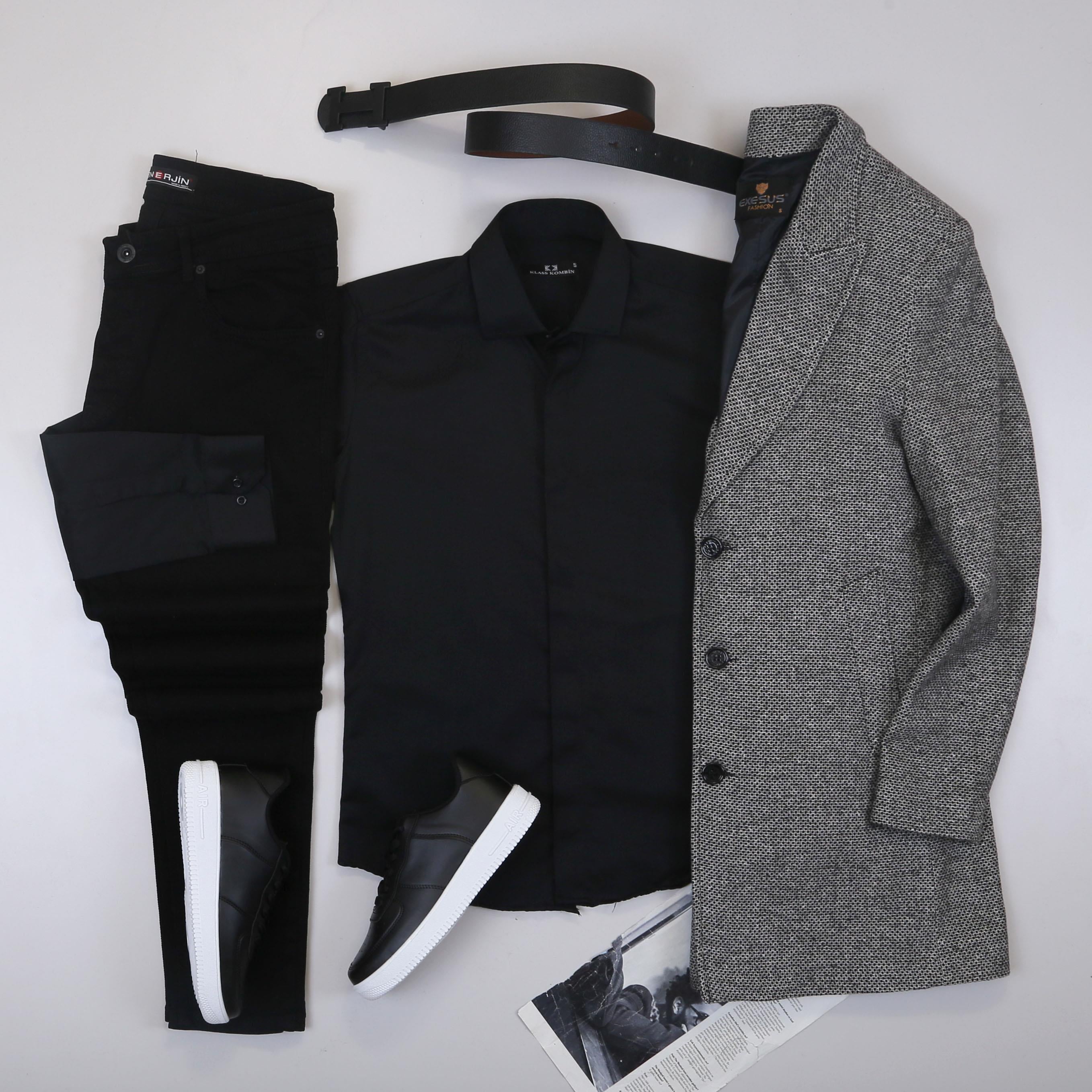Gri Kırçıllı Kaban Gömlek Pantolon Ayakkabı Kombin