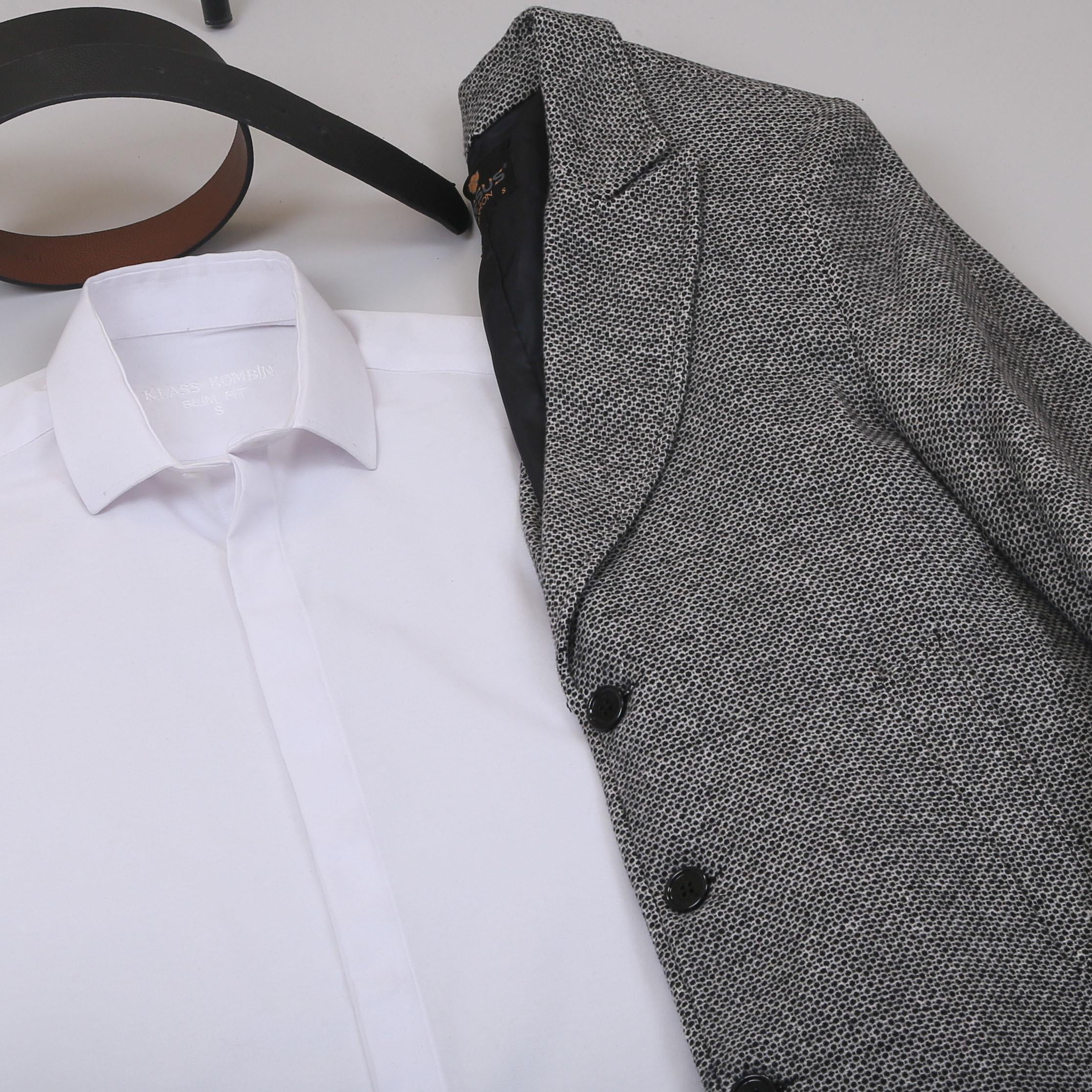 Gri Kırçıllı Kaban Gömlek Pantolon Ayakkabı Kombin