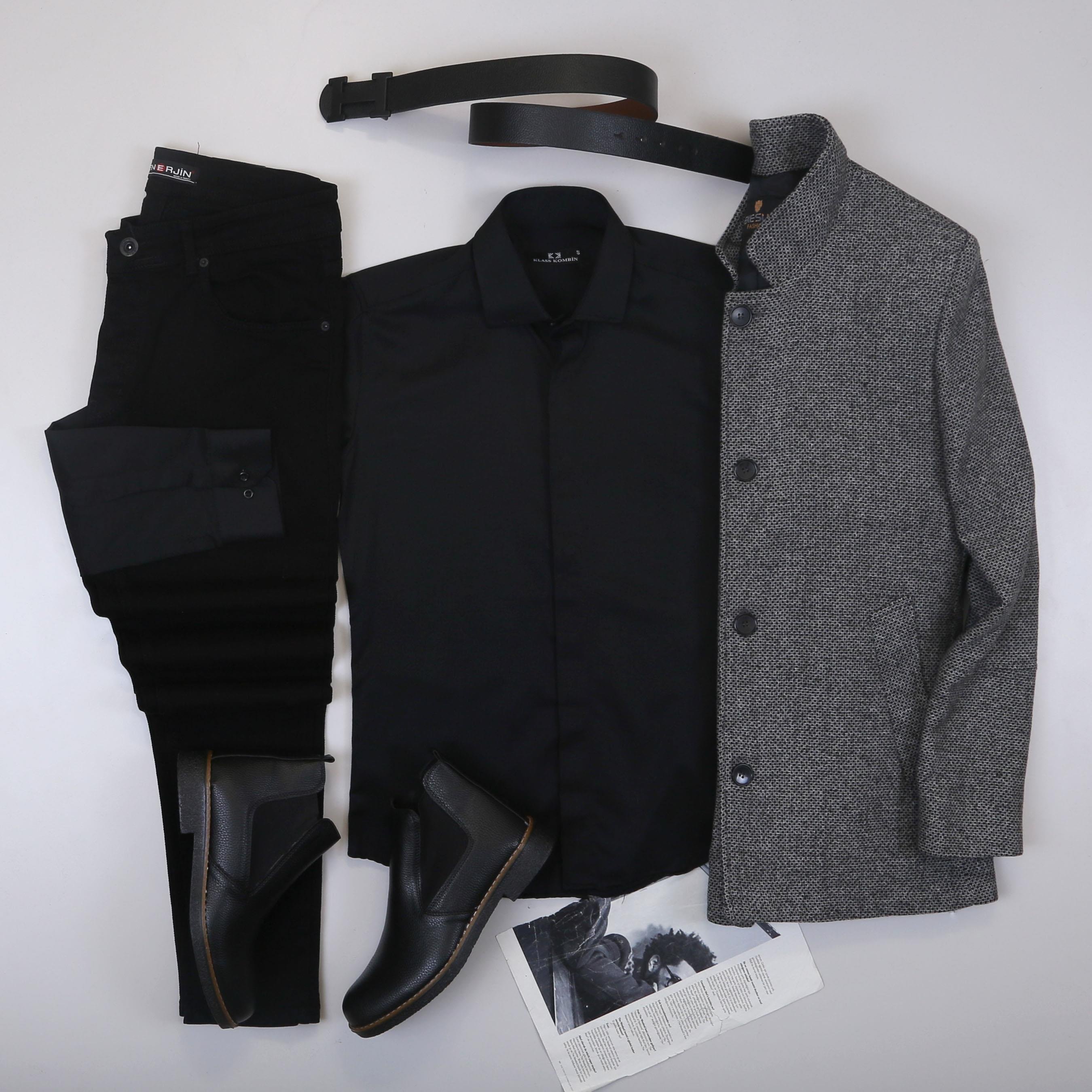 Gri Kırçıllı Kaban Gömlek Pantolon Bot Kombin