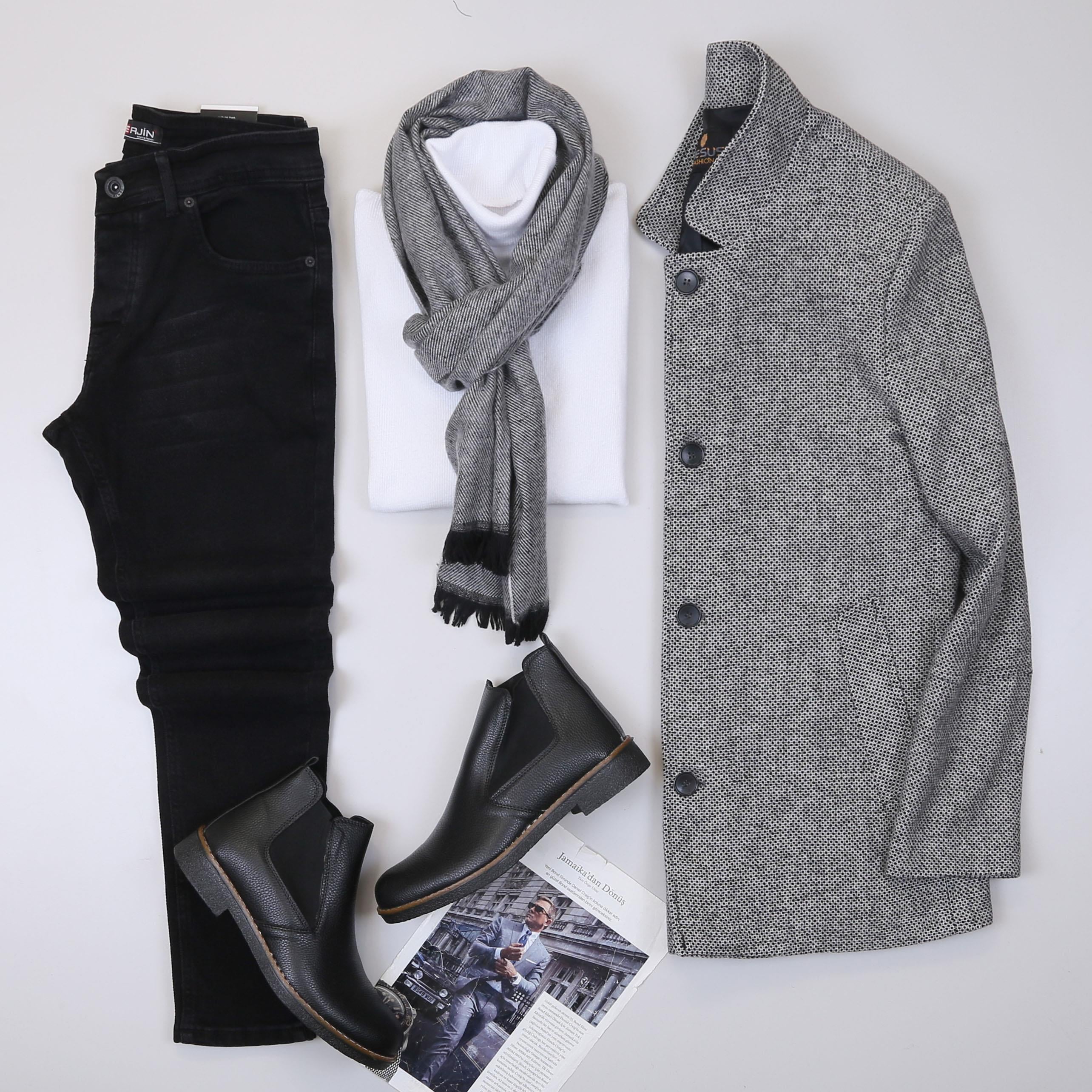 Gri Kırçıllı Kaşe Kaban Boğazlı Body Pantolon Bot Kombin