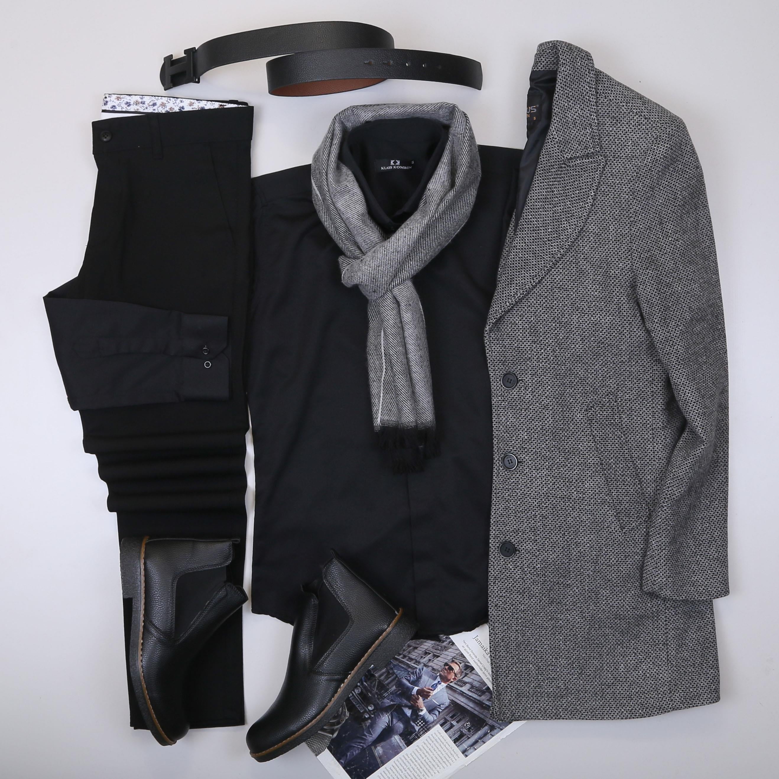 Gri Kırçıllı Kaşe Kaban Gömlek Pantolon Bot Kombin