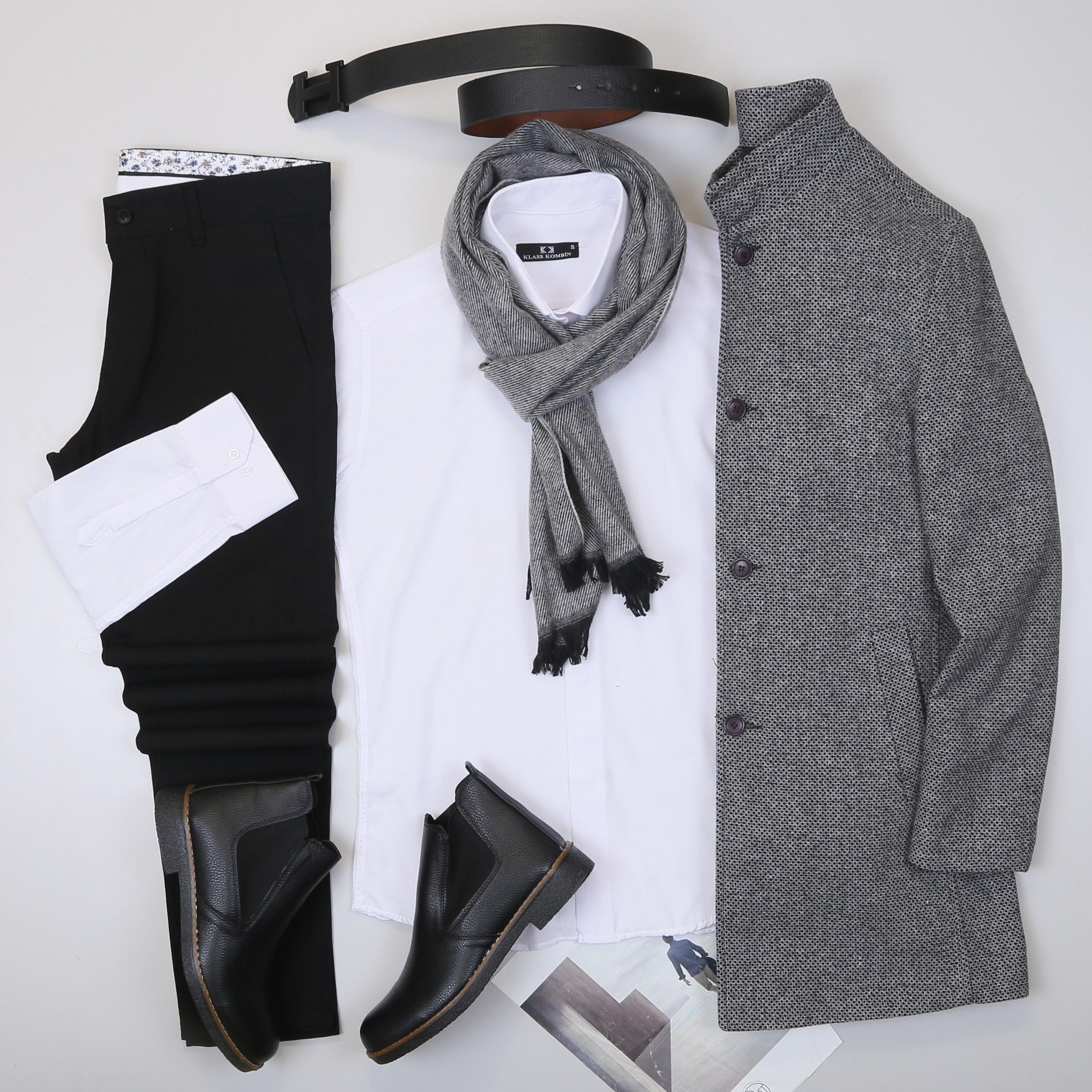 Gri Kırçıllı Kaşe Kaban Gömlek Pantolon Bot Kombin