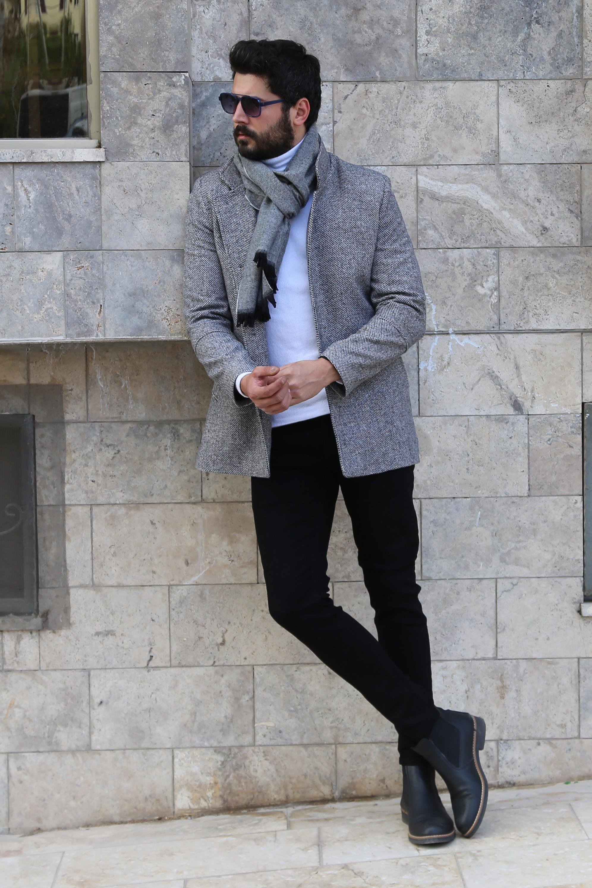 Gri Kırçıllı Kaşe Kaban Kombini