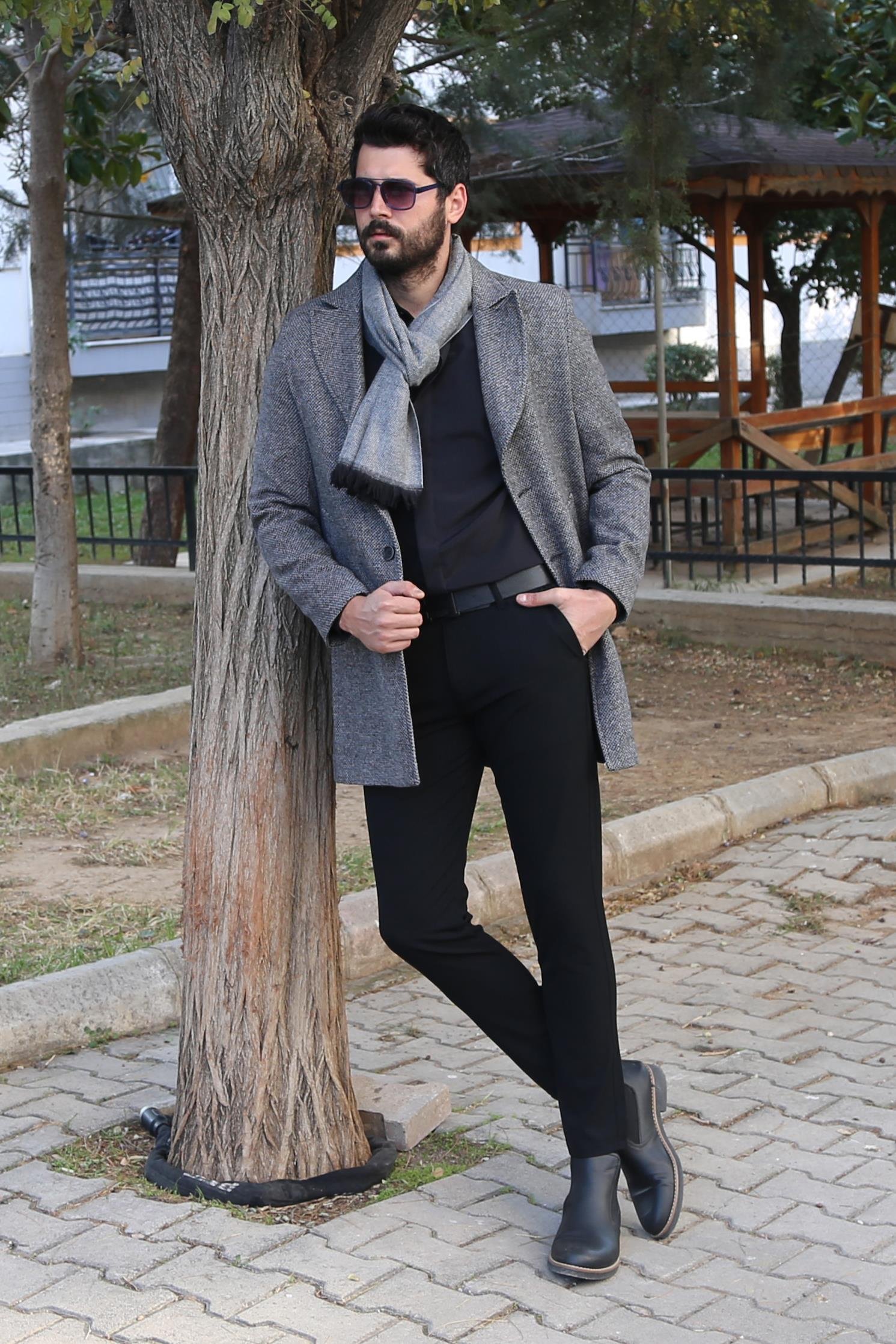 Gri Kırçıllı Kaşe Kaban Kombini