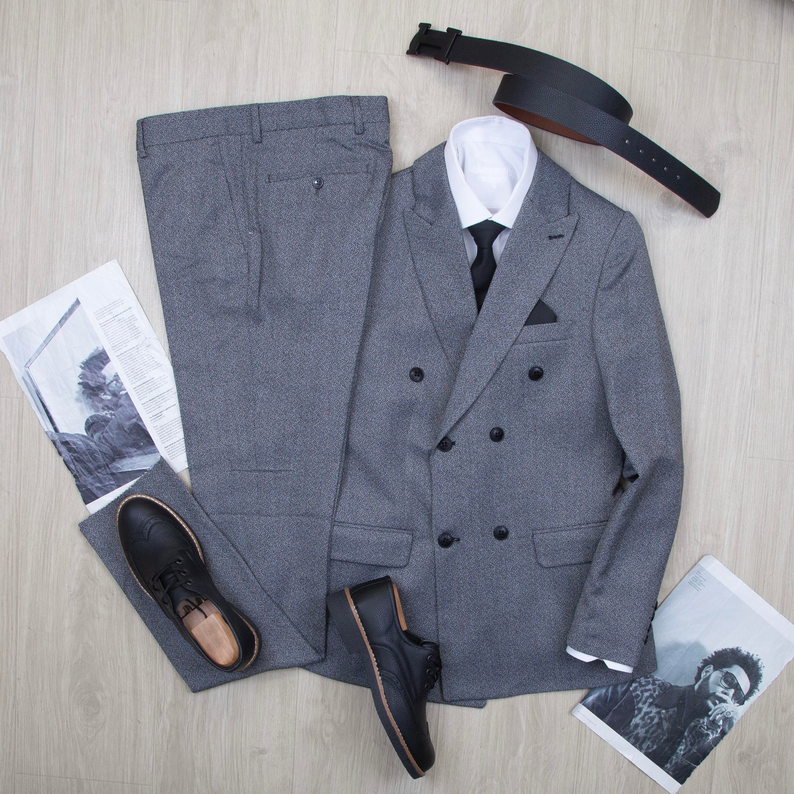 Gri Kırçıllı Kruvaze Takım Elbise Kombini