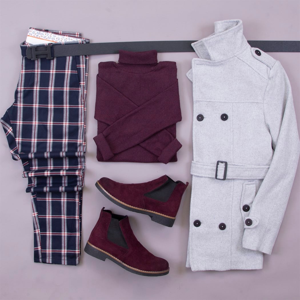 Gri Kısa Kemerli Kaşe Kaban Kazak Pantolon Bot Kombin