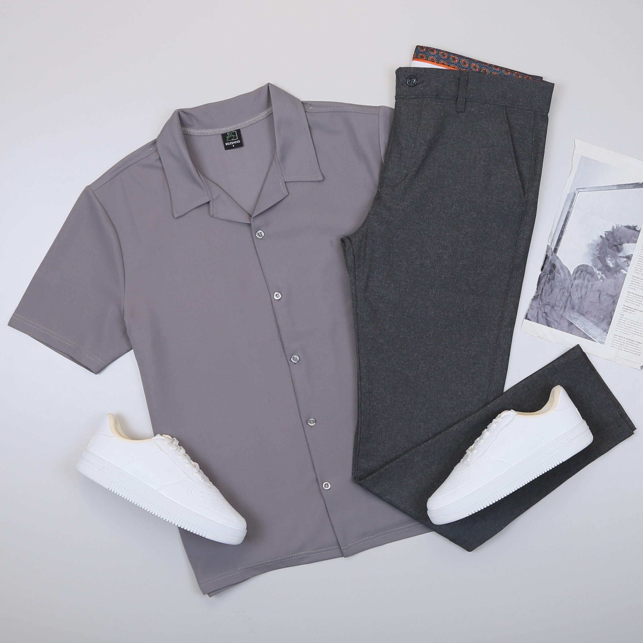 Gri Kısa Kollu  Gömlek Pantolon Ayakkabı Kombin