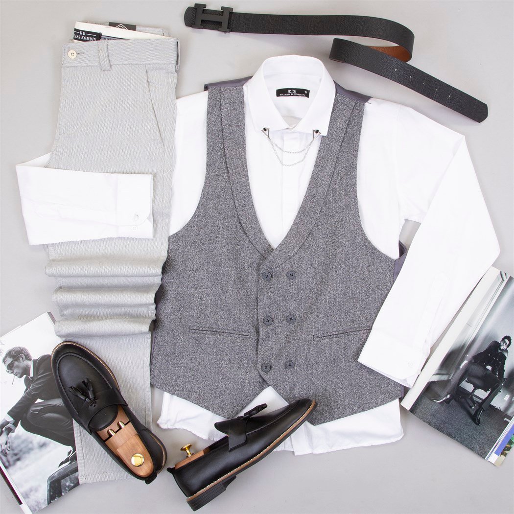 Gri Yelek Gömlek Pantolon Ayakkabı Kombin
