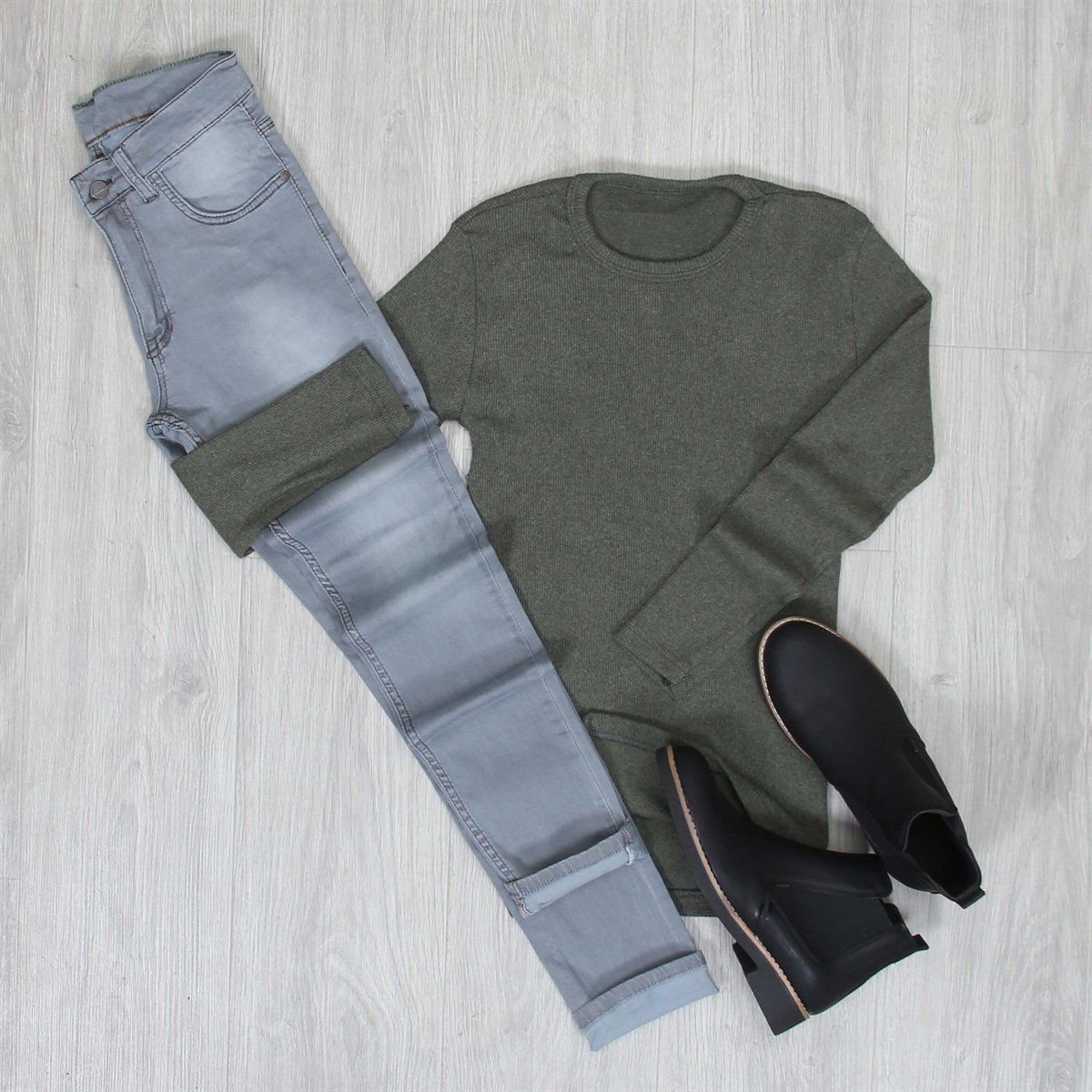 Gri Kot Haki Kazak Bot Kombini