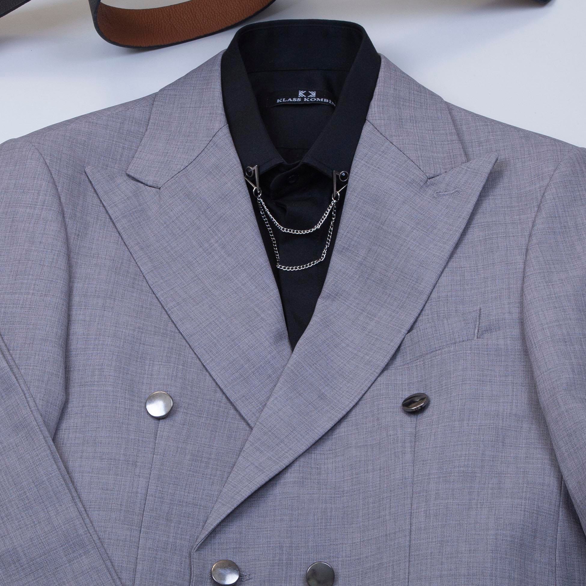 Gri Kruvaze Takım Elbise Kombini