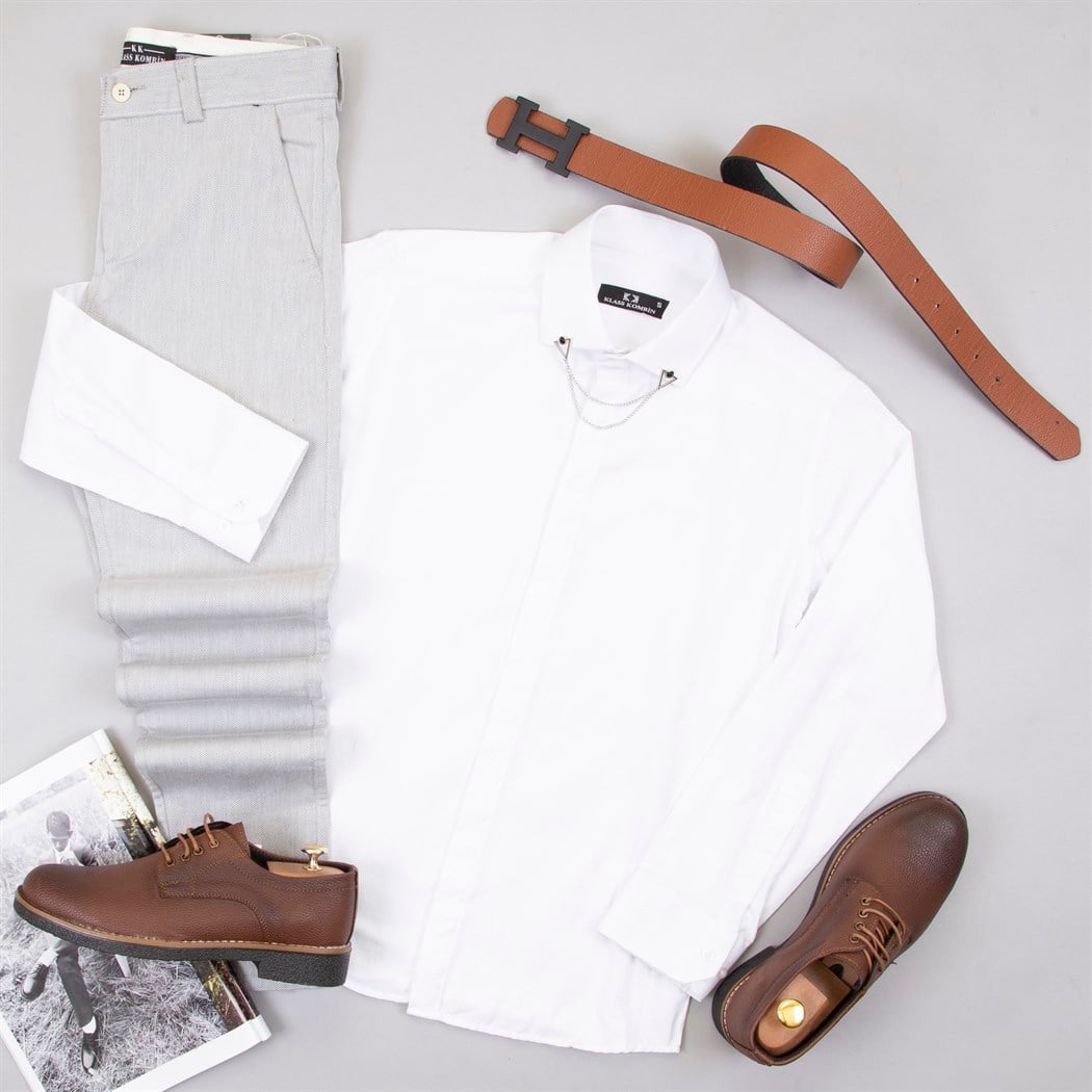 Gri Kumaş Pantolon Gömlek Ayakkabı Kombin