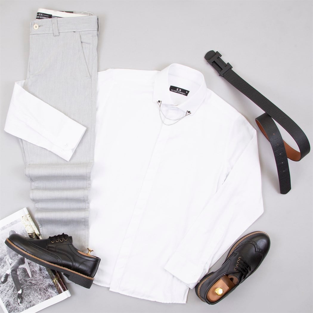 Gri Kumaş Pantolon Gömlek Ayakkabı Kombin