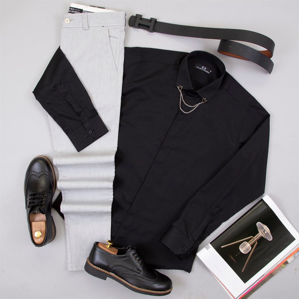 Gri Kumaş Pantolon Gömlek Ayakkabı Kombin