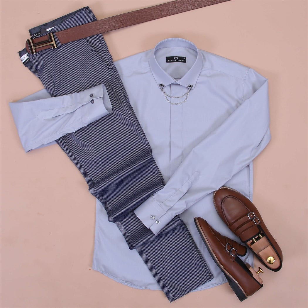 Gri Kumaş Pantolon Gri Gömlek Ayakkabı Kombini