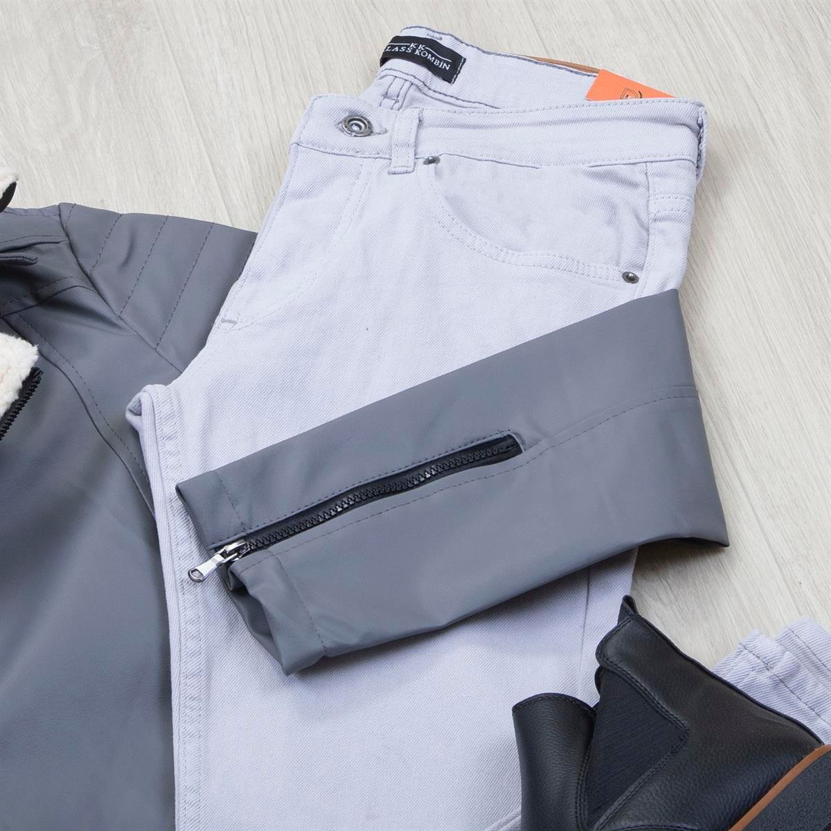 Gri Kürklü Deri Ceket Boğazlı Body Pantolon Ayakkabı Kombin