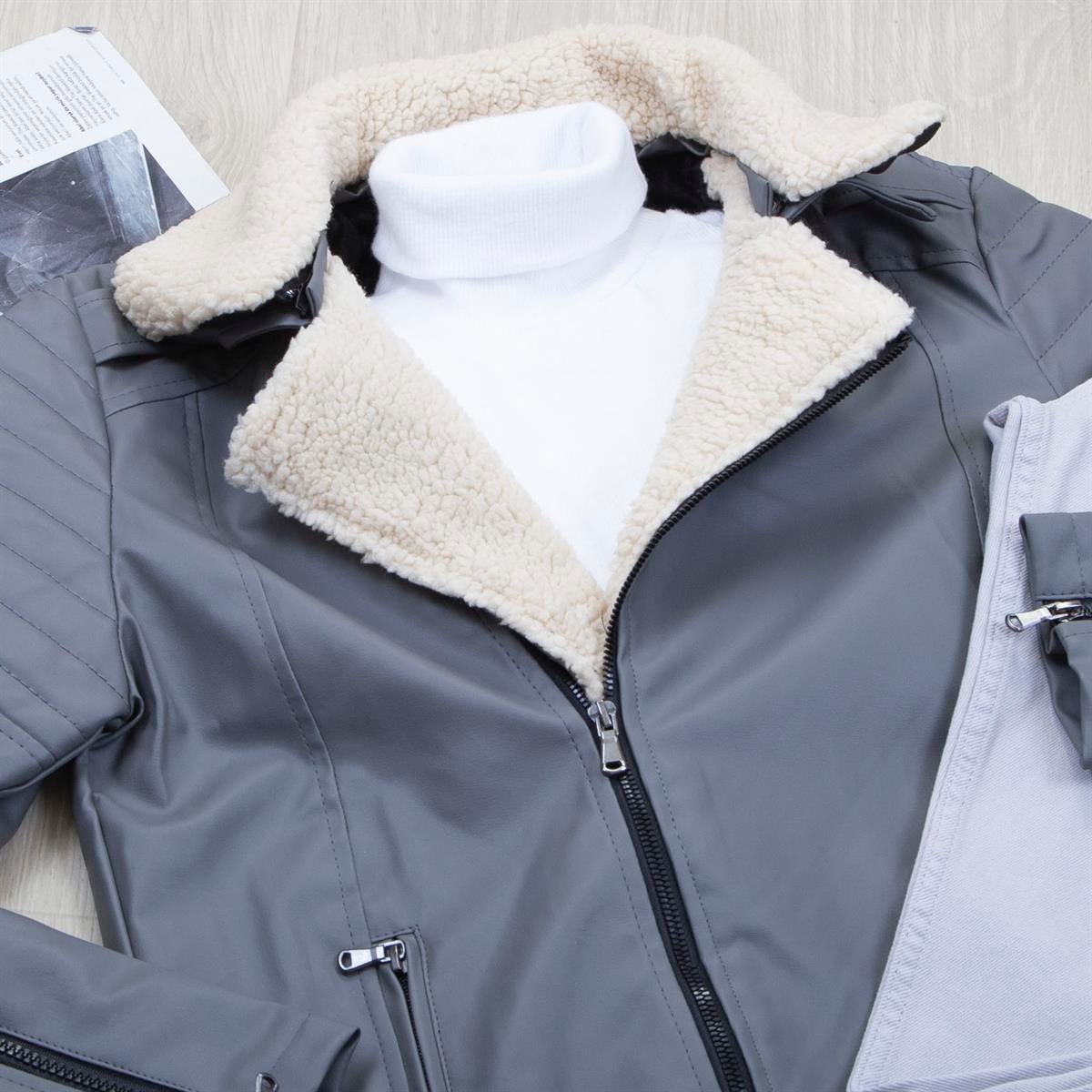 Gri Kürklü Deri Ceket Boğazlı Body Pantolon Ayakkabı Kombin