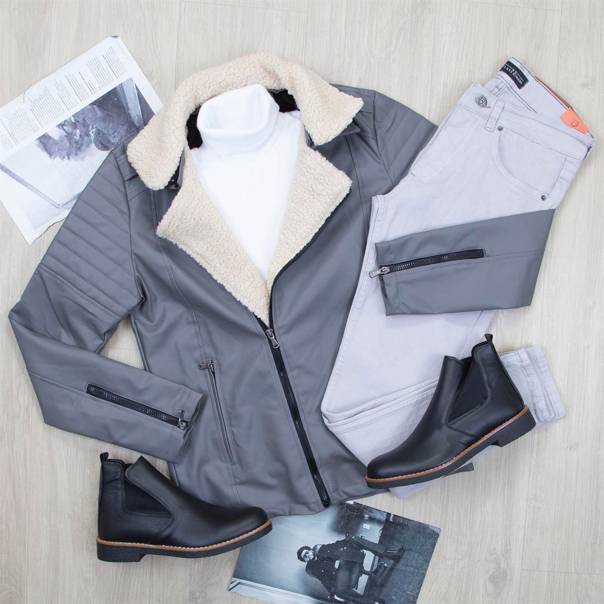 Gri Kürklü Deri Ceket Boğazlı Body Pantolon Ayakkabı Kombin