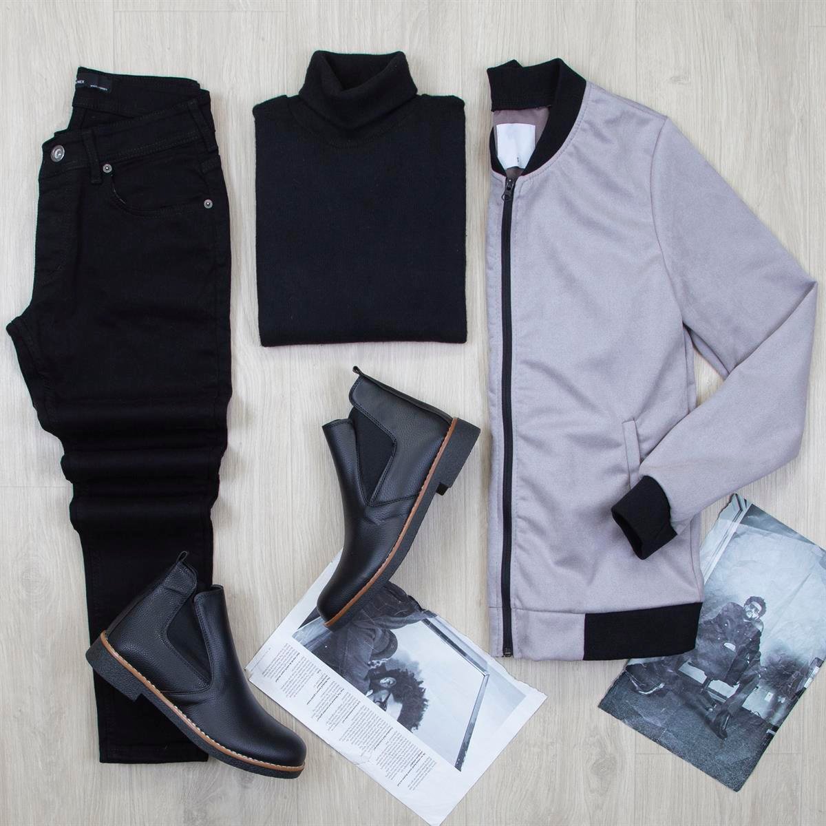 Gri Nubuk Ceket Boğazlı Body Pantolon Bot Kombin