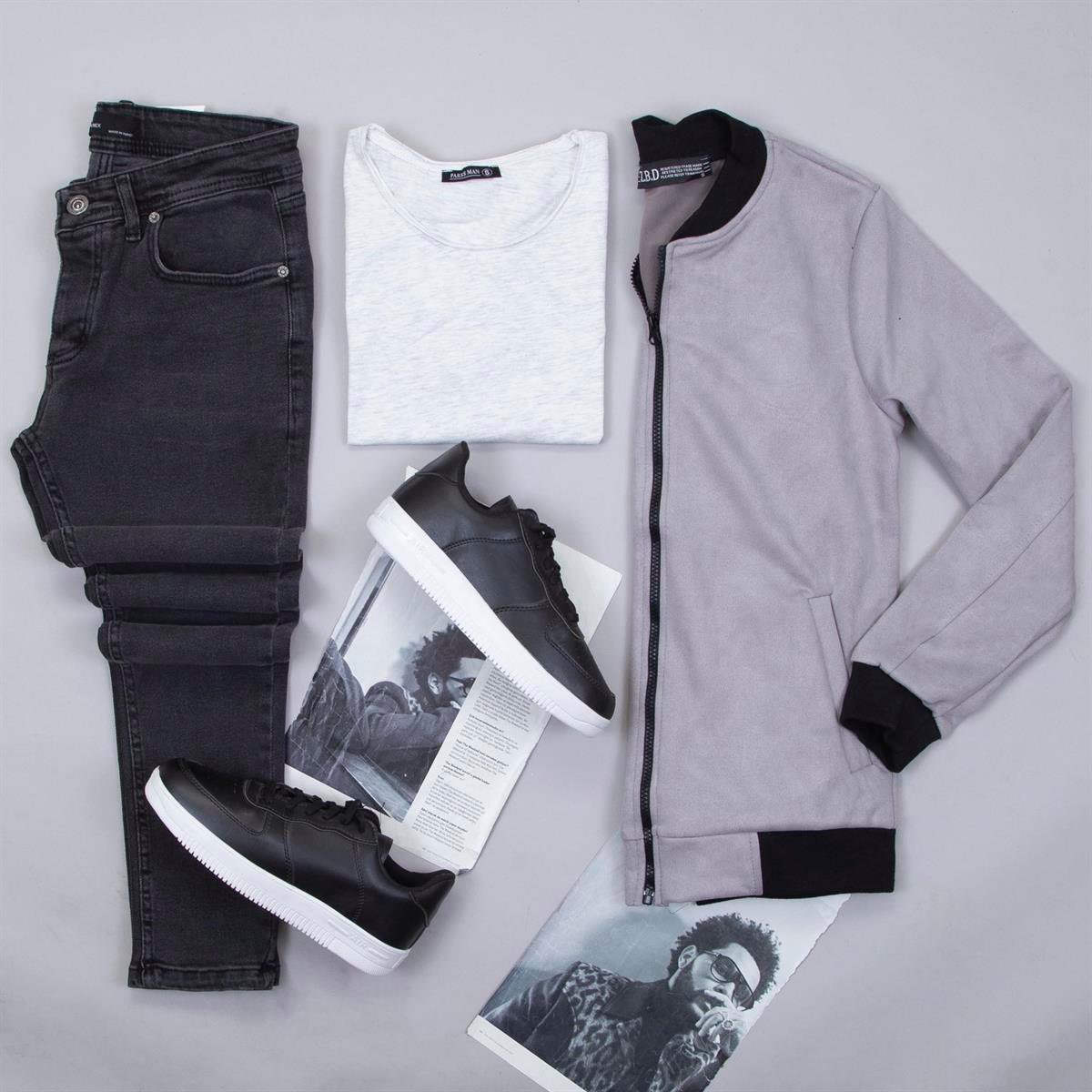 Gri Nubuk Ceket Tişört Pantolon Ayakkabı Kombin