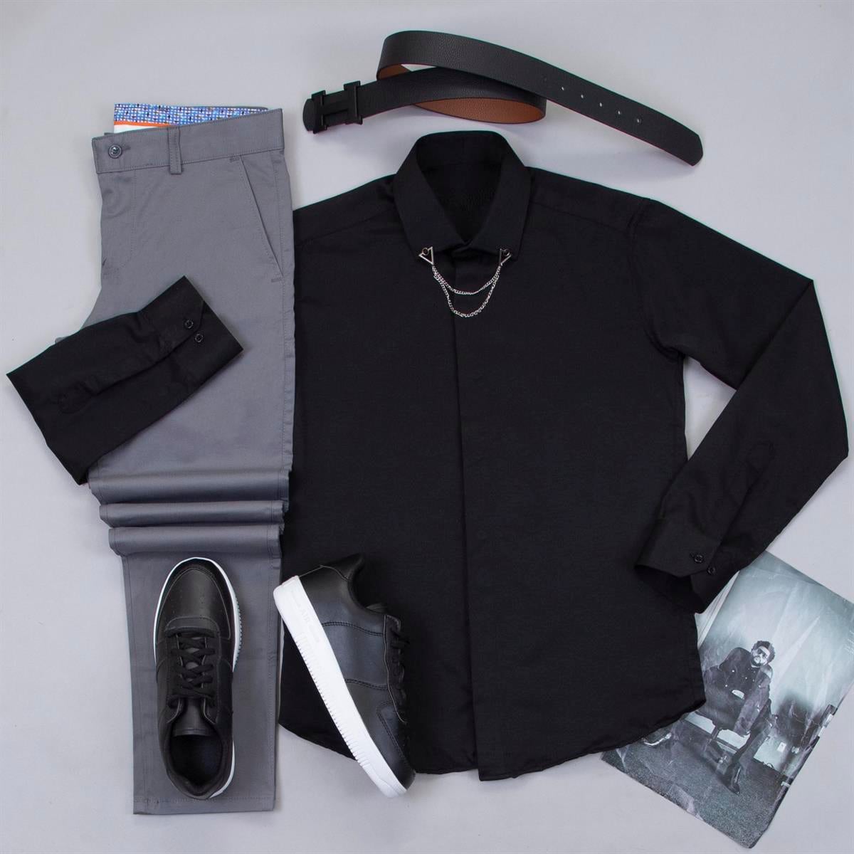 Gri Pantolon Siyah Gömlek Ayakkabı Kombin