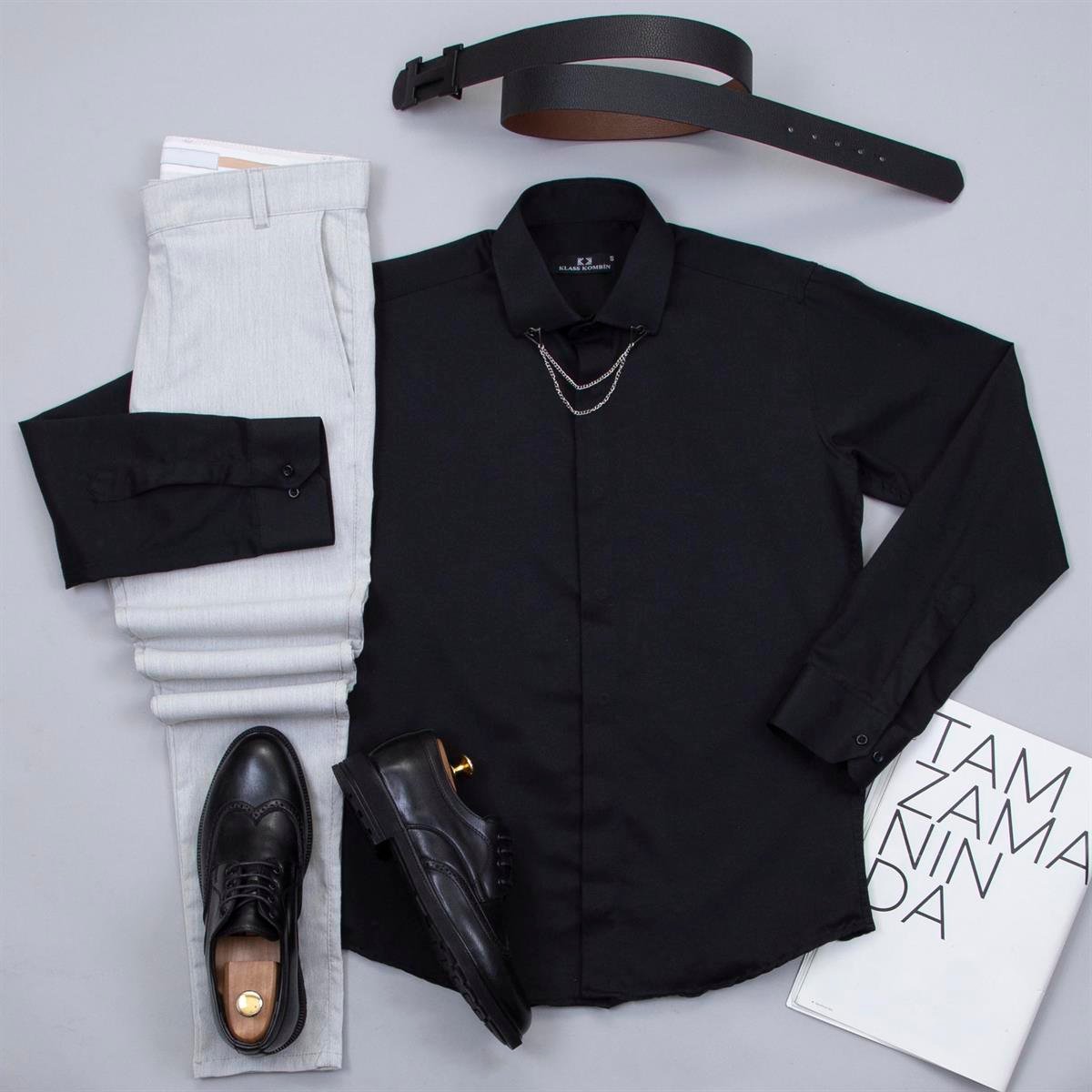 Gri Pantolon Siyah Gömlek Ayakkabı Kombin