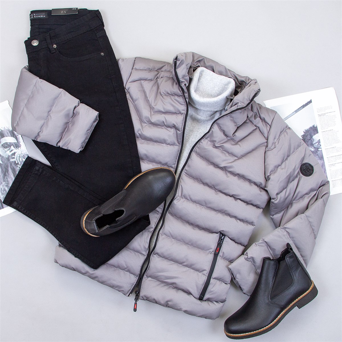 Gri Şişme Mont Boğazlı Kazak Pantolon Bot Kombin