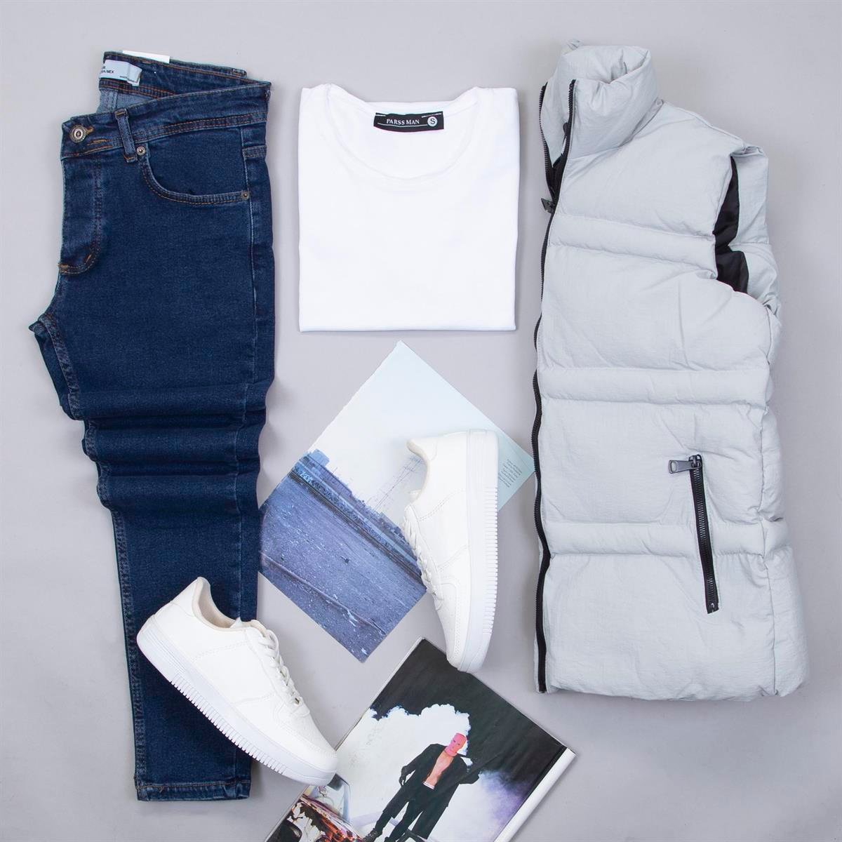 Gri Şişme Yelek Tişört Pantolon Ayakkabı Kombin