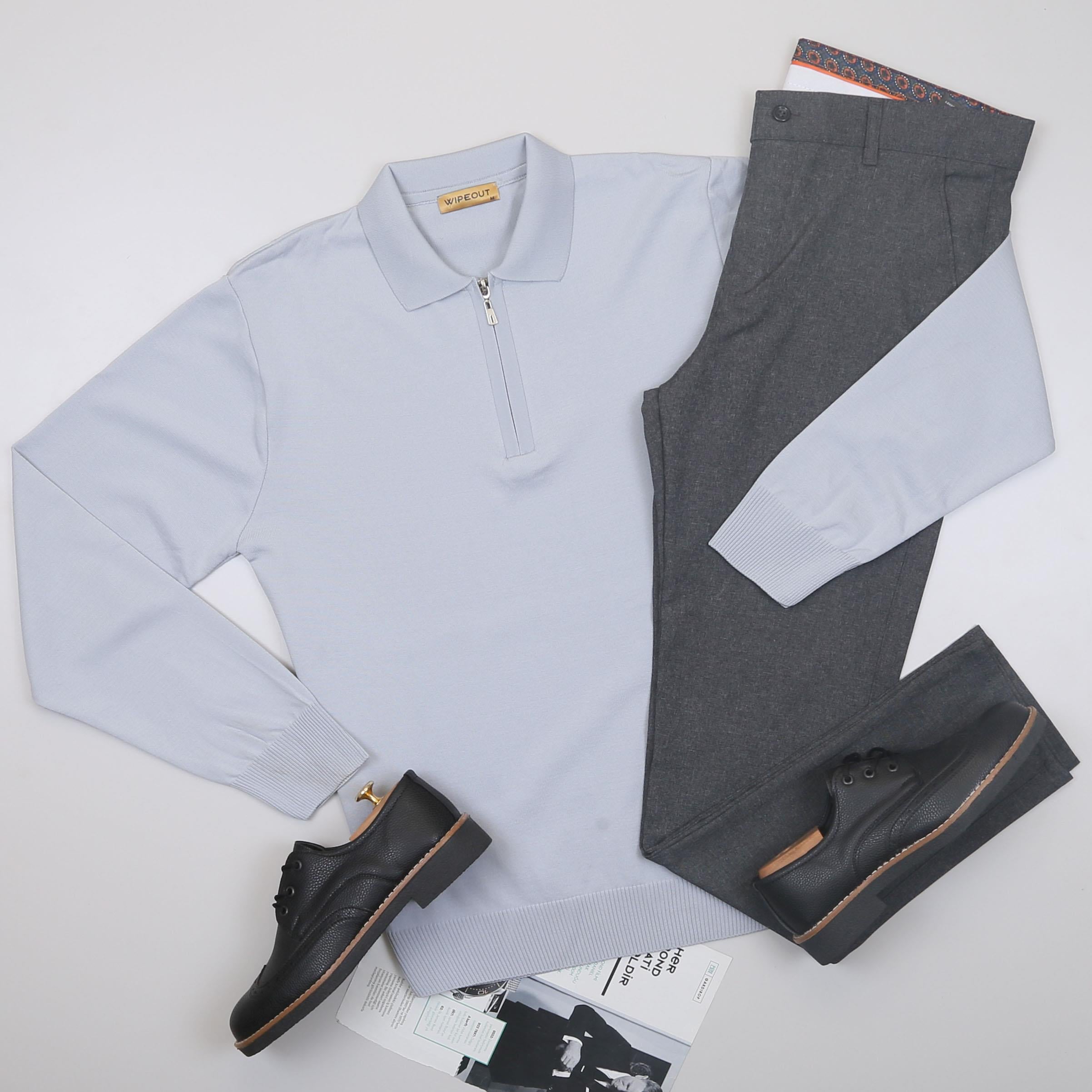 Gri Triko Polo Yaka Pantolon Ayakkabı Kombin