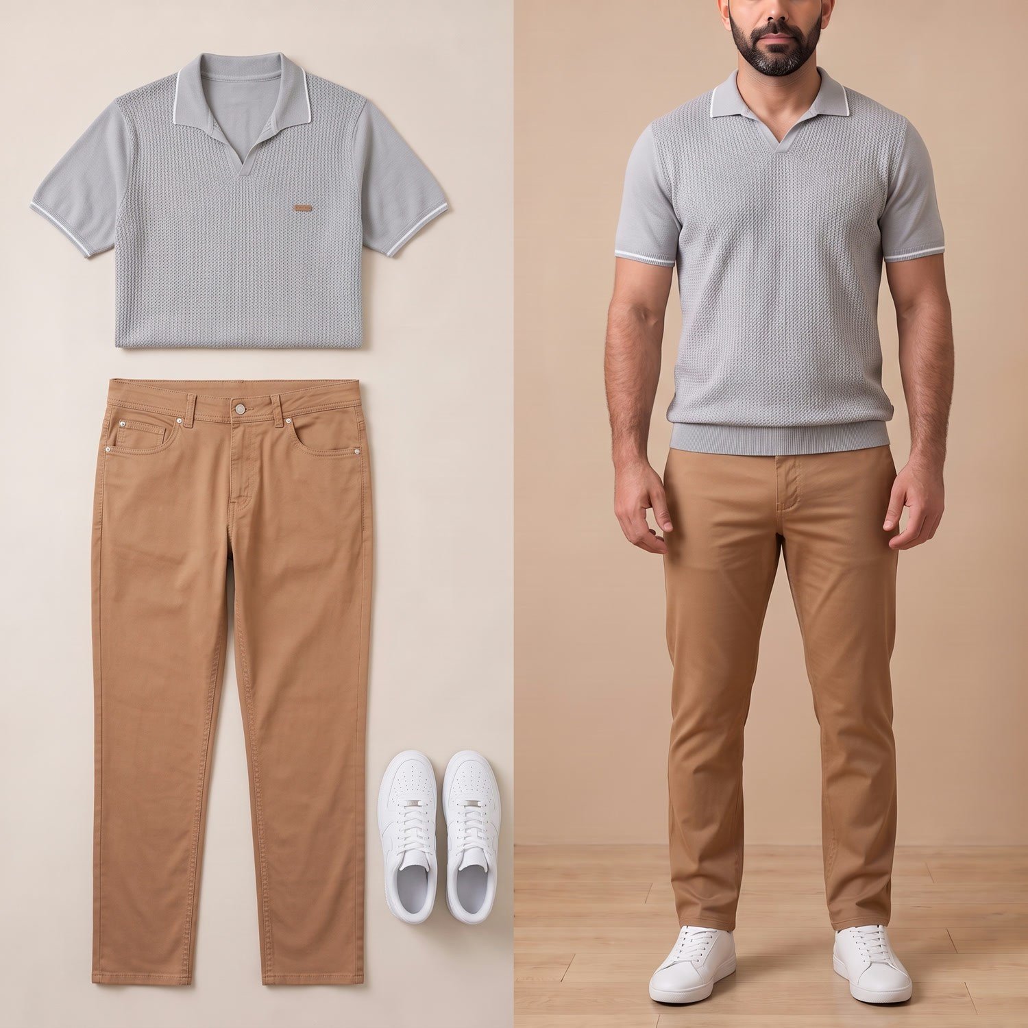 Gri Triko Polo Yaka Tişört Kombini Erkek | Slim Fit Şık Komple Set