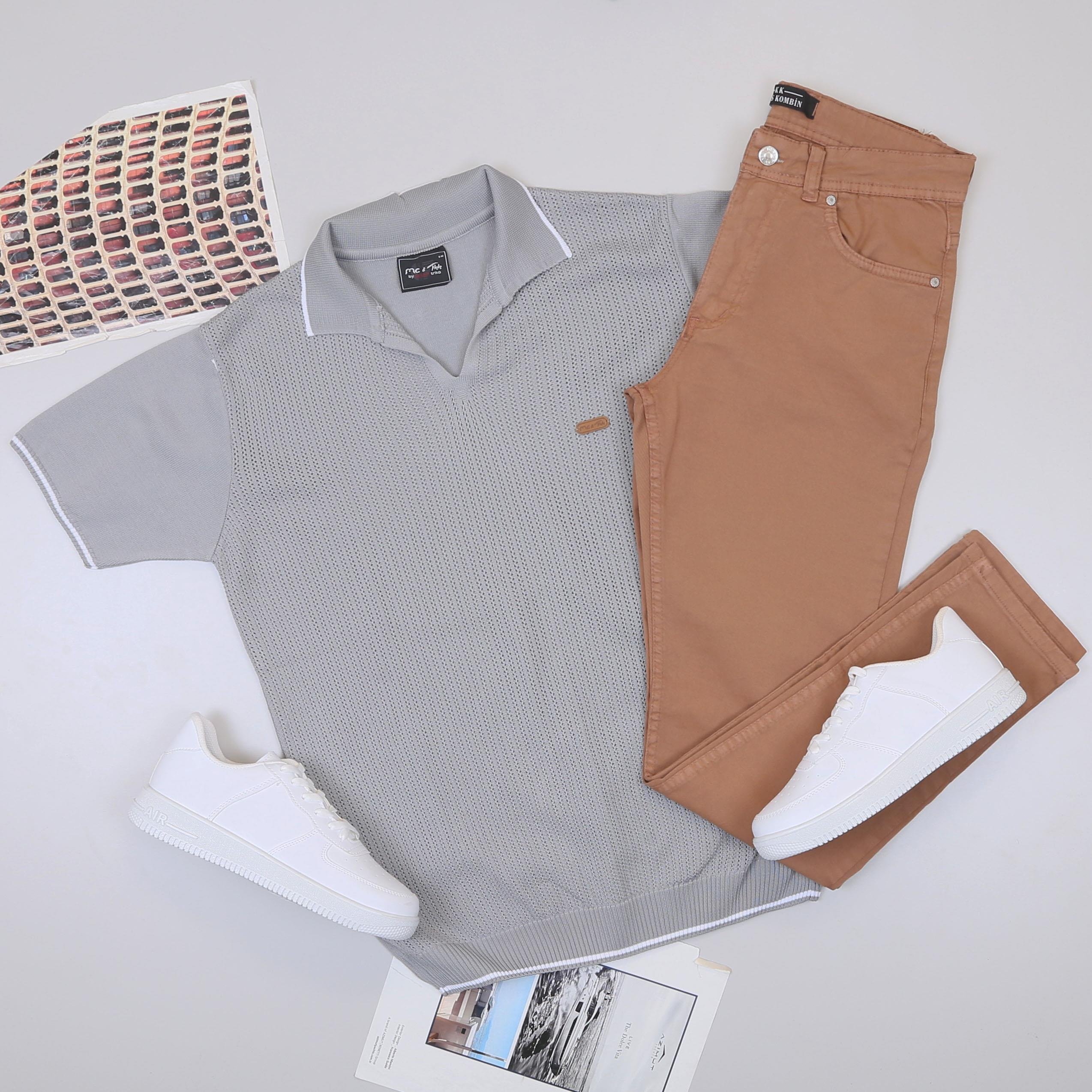 Gri Triko Polo Yaka Tişört Pantolon Ayakkabı Kombin