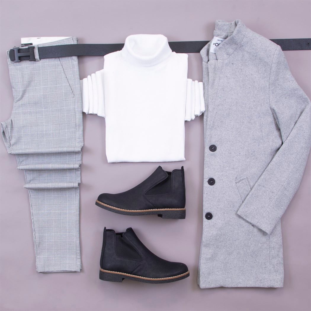 Gri Uzun Kaşe Kaban Kazak Pantolon Bot Kombin