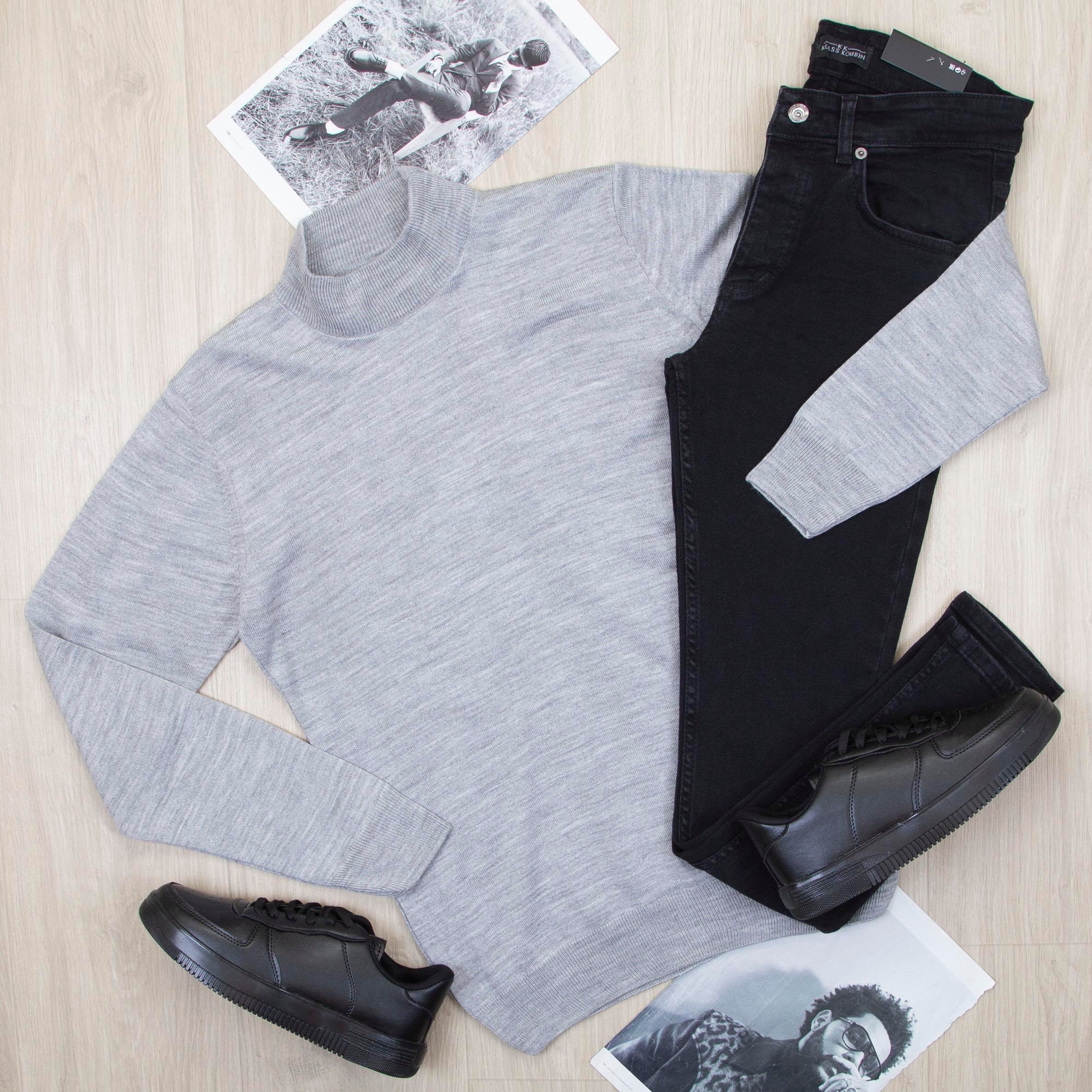 Gri Yarım Balıkçı Kazak Pantolon Ayakkabı Kombin