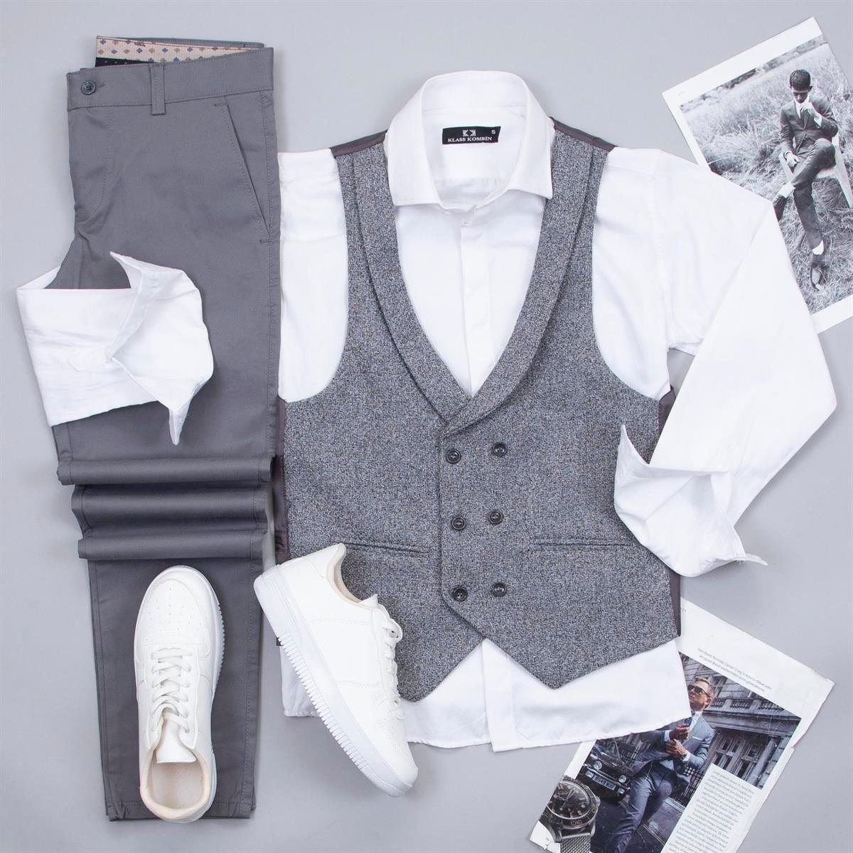 Gri Yelek Gömlek Pantolon Ayakkabı Kombin