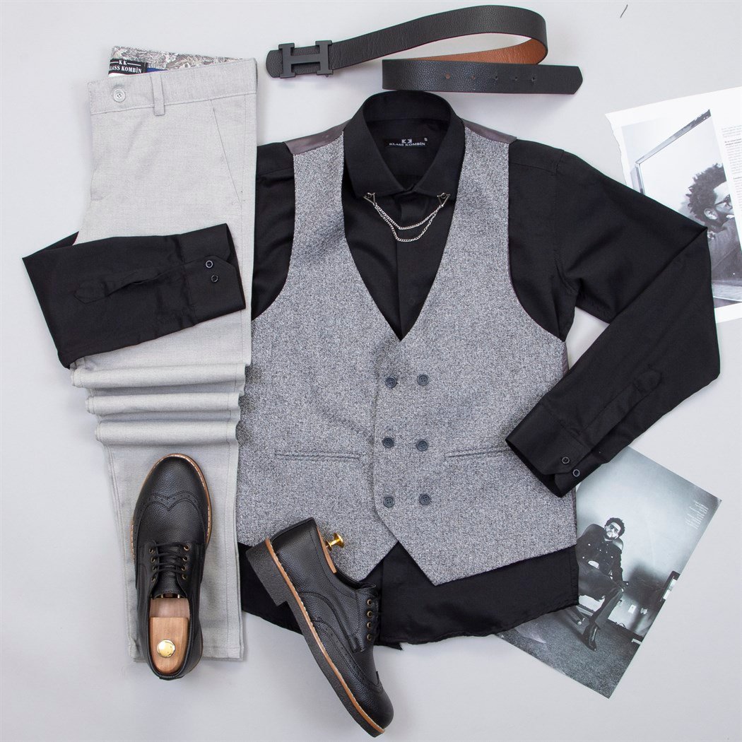Gri Yelek Gömlek Pantolon Ayakkabı Kombin