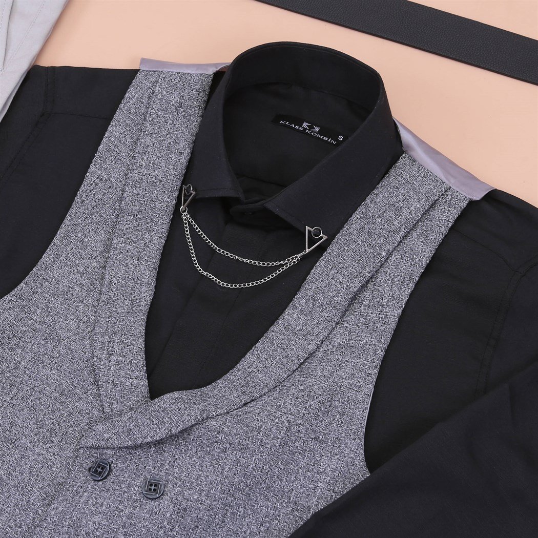 Gri Yelek Siyah Gömlek Kumaş Pantolon Klasik Ayakkabı Koımbini 