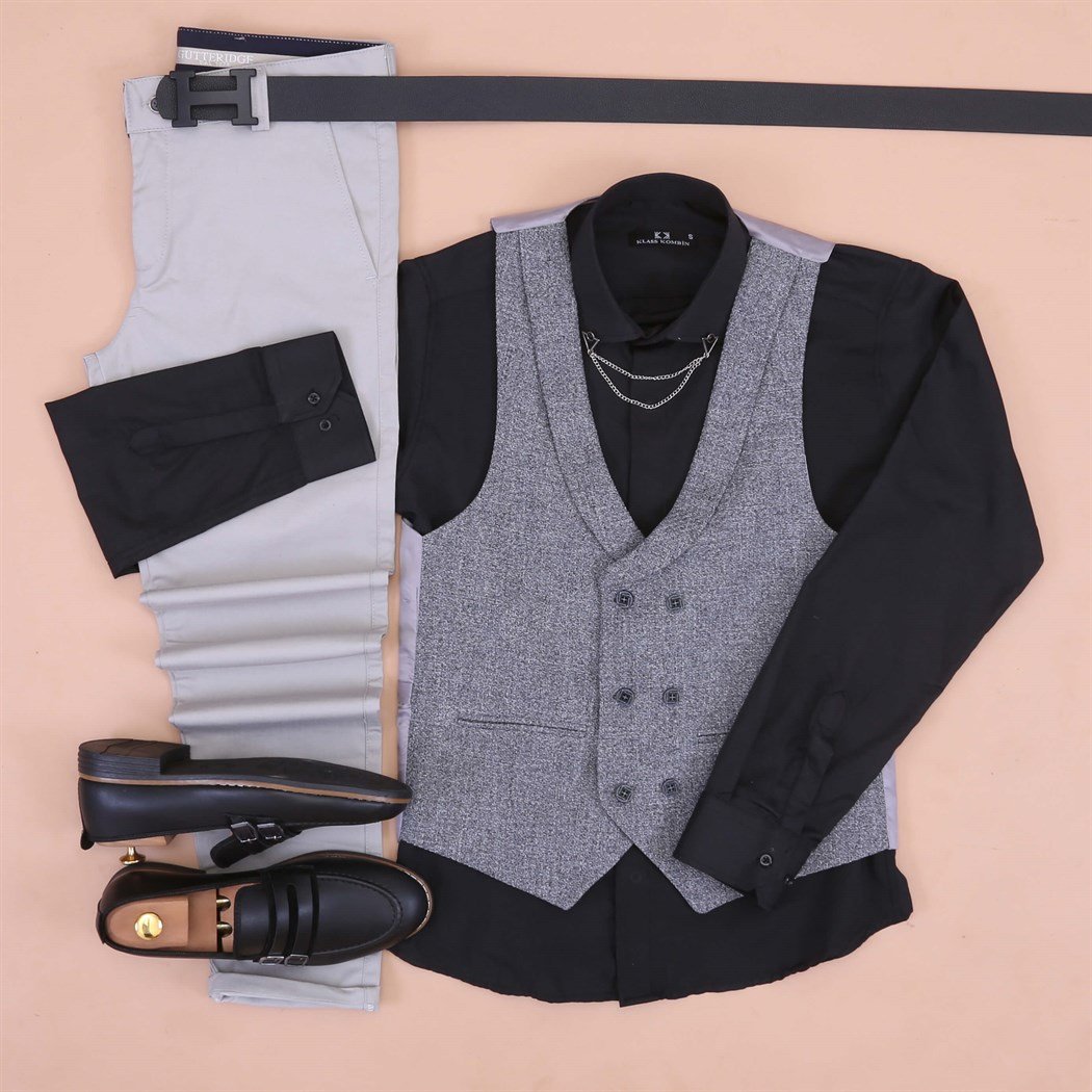 Gri Yelek Siyah Gömlek Kumaş Pantolon Klasik Ayakkabı Koımbini 