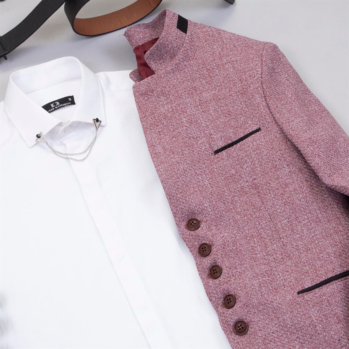 Gül Kurusu Dik Yaka Blazer Ceket Gömlek Pantolon Ayakkabı Kombin