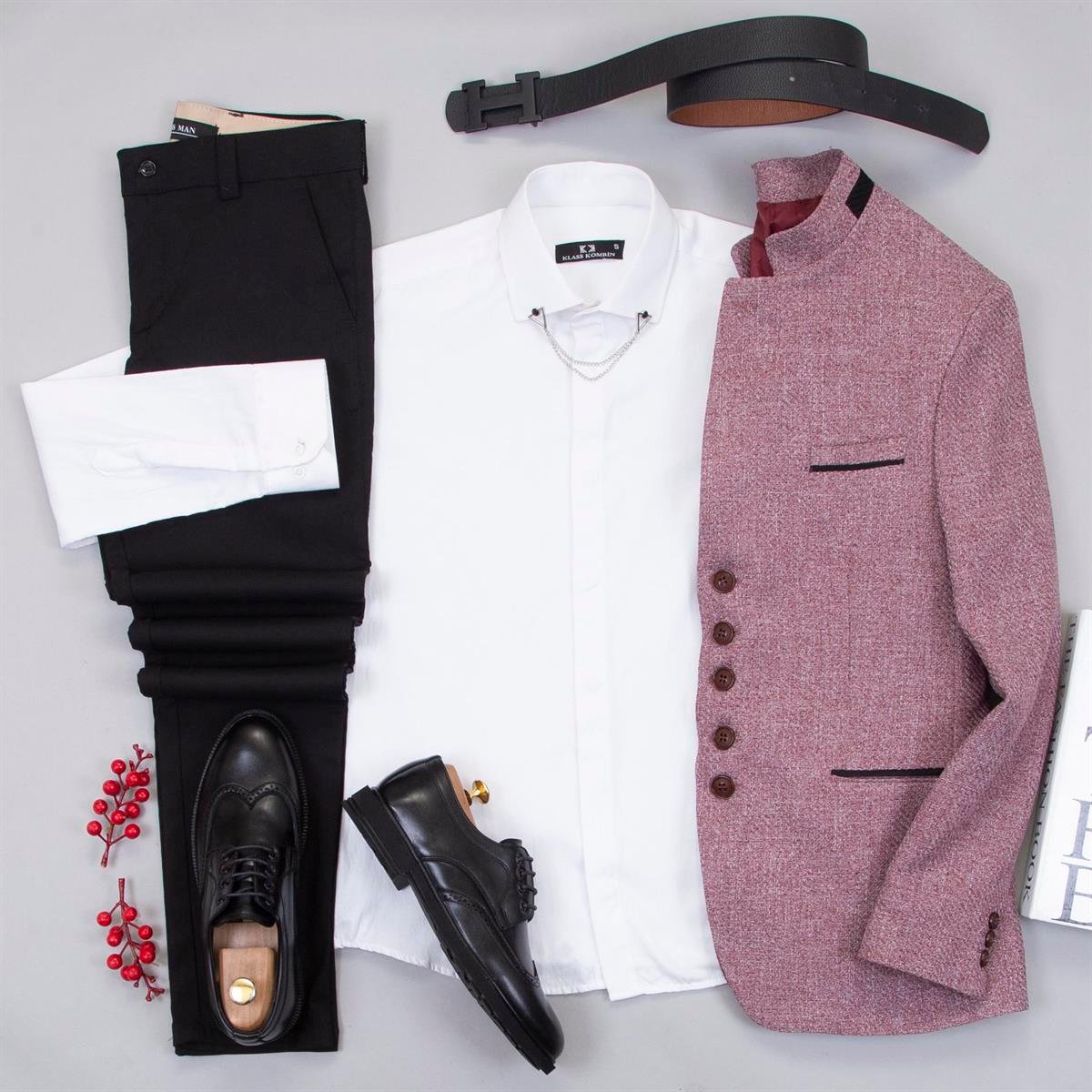 Gül Kurusu Dik Yaka Blazer Ceket Gömlek Pantolon Ayakkabı Kombin