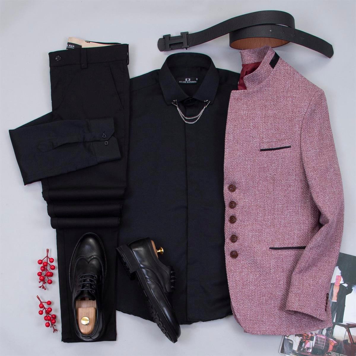 Gül Kurusu Dik Yaka Blazer Ceket Gömlek Pantolon Ayakkabı Kombin