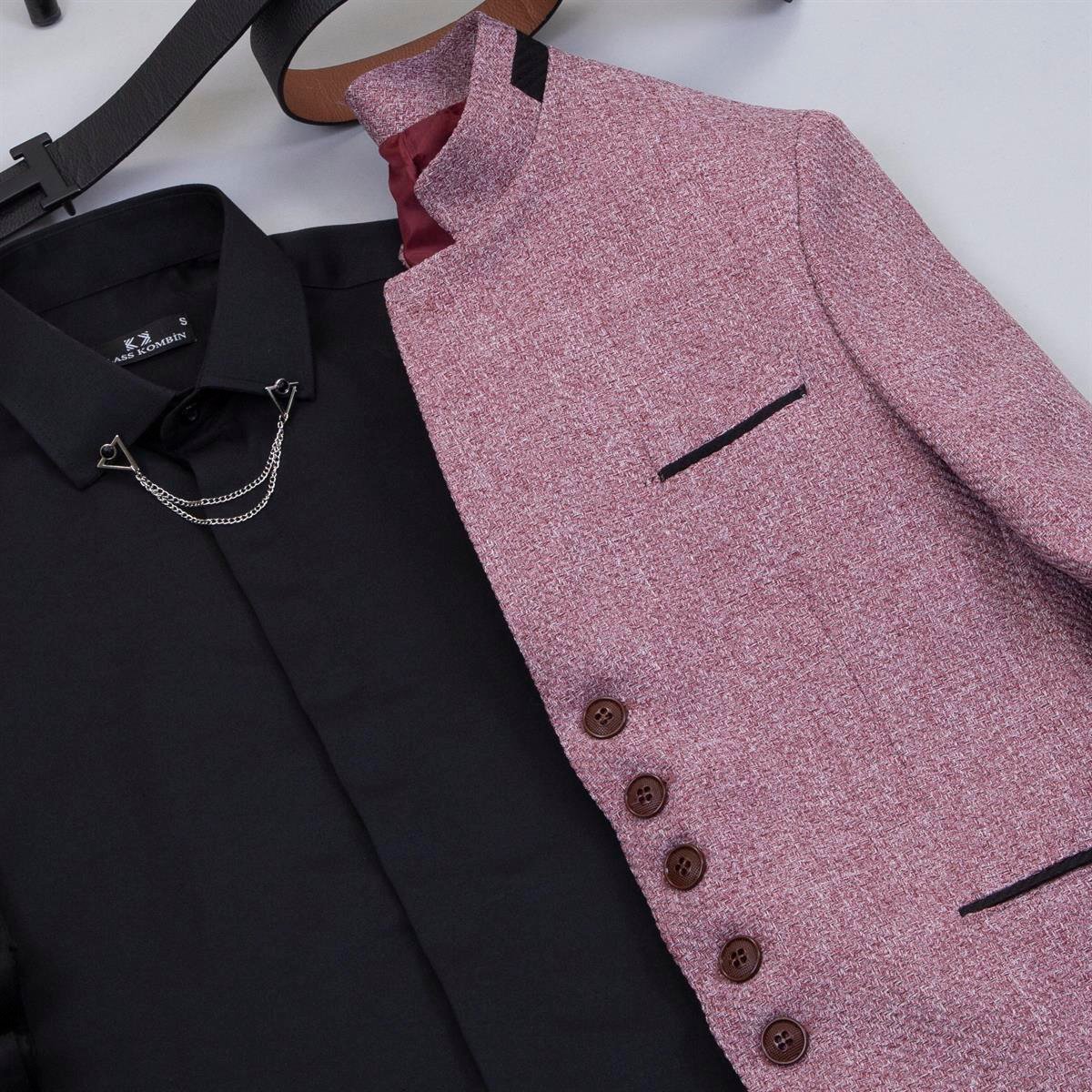 Gül Kurusu Dik Yaka Blazer Ceket Gömlek Pantolon Ayakkabı Kombin