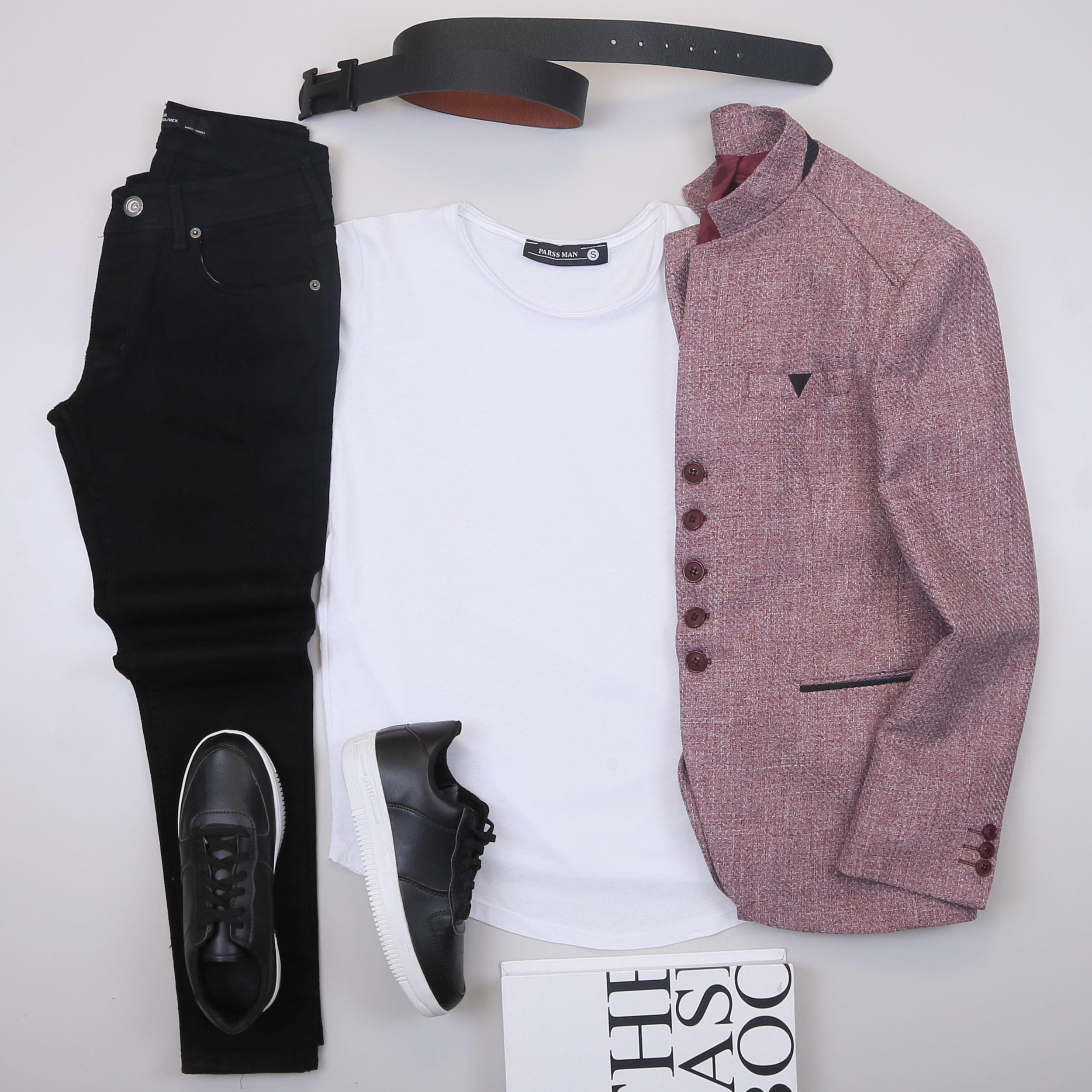 Gül Kurusu Dik Yaka Blazer Ceket Tişört Pantolon Ayakkabı Kombin