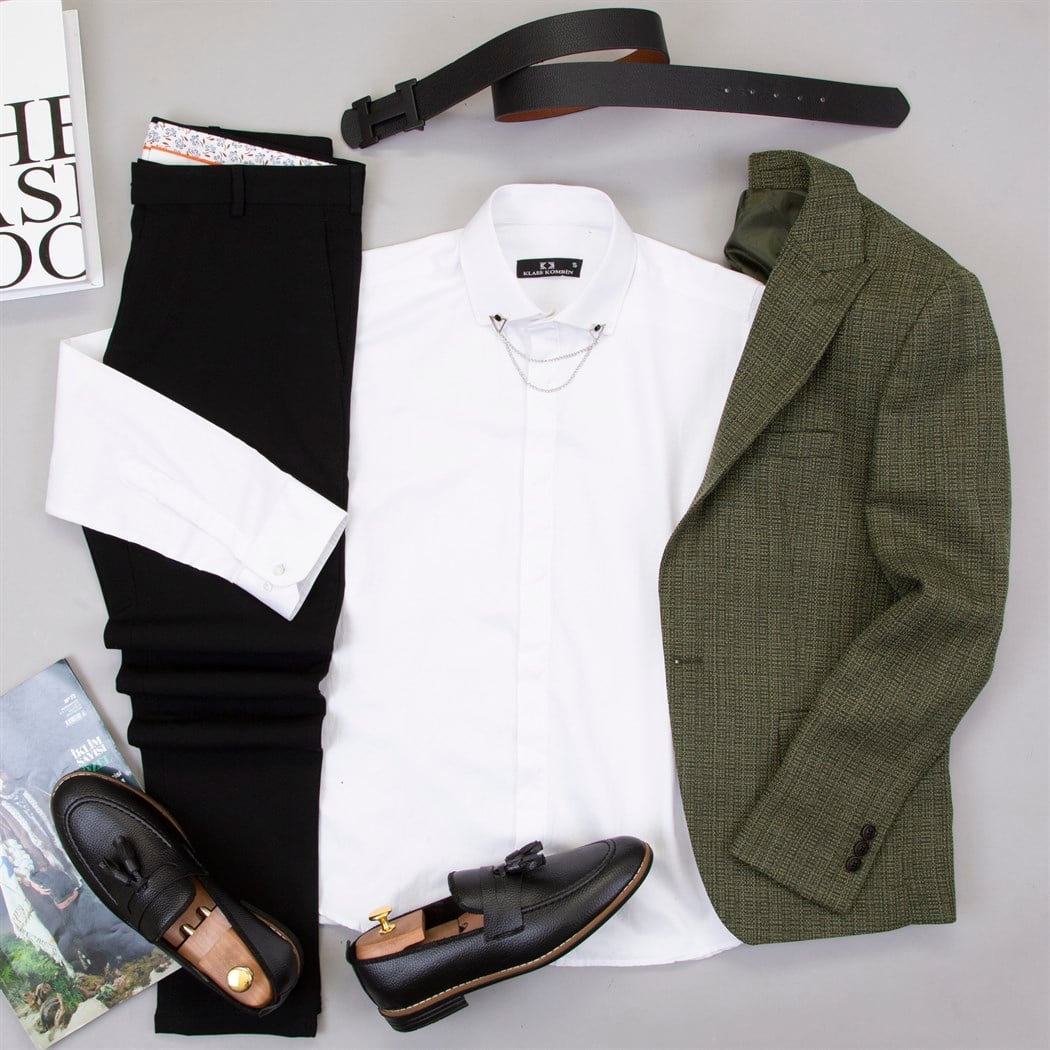 Haki Blazer Ceket Gömlek Pantolon Ayakkabı Kombin