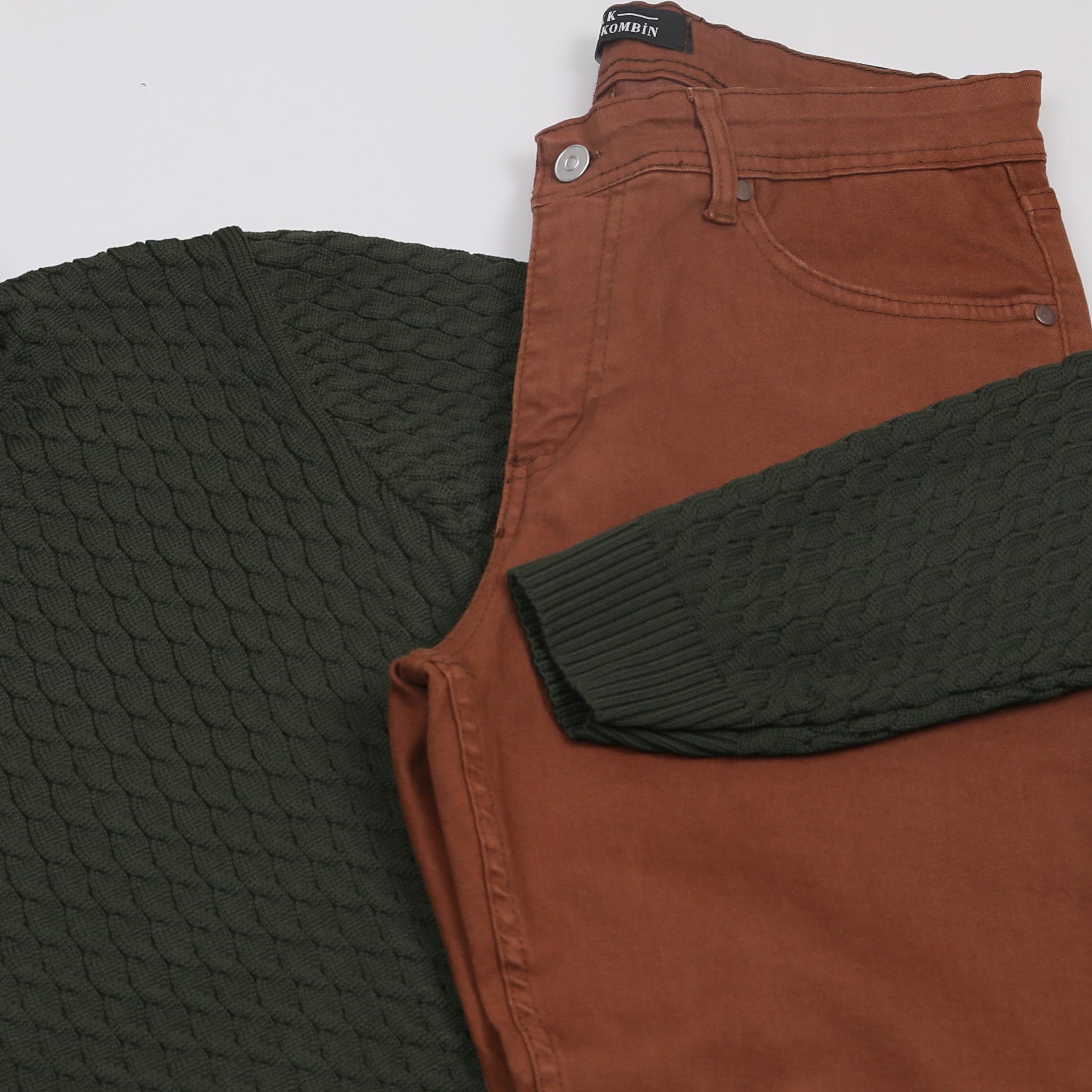 Haki Boğazlı triko kahve kot Pantolon