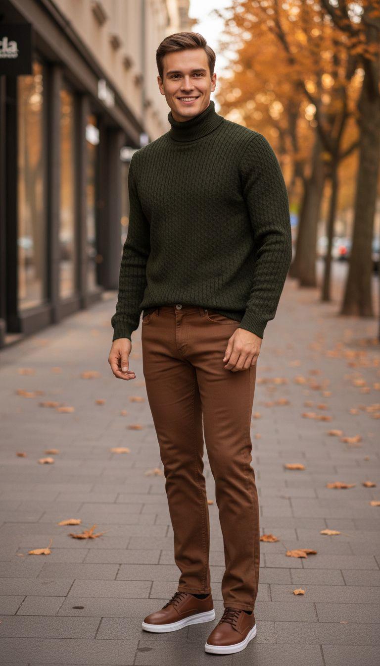 Haki Boğazlı triko kahve kot Pantolon