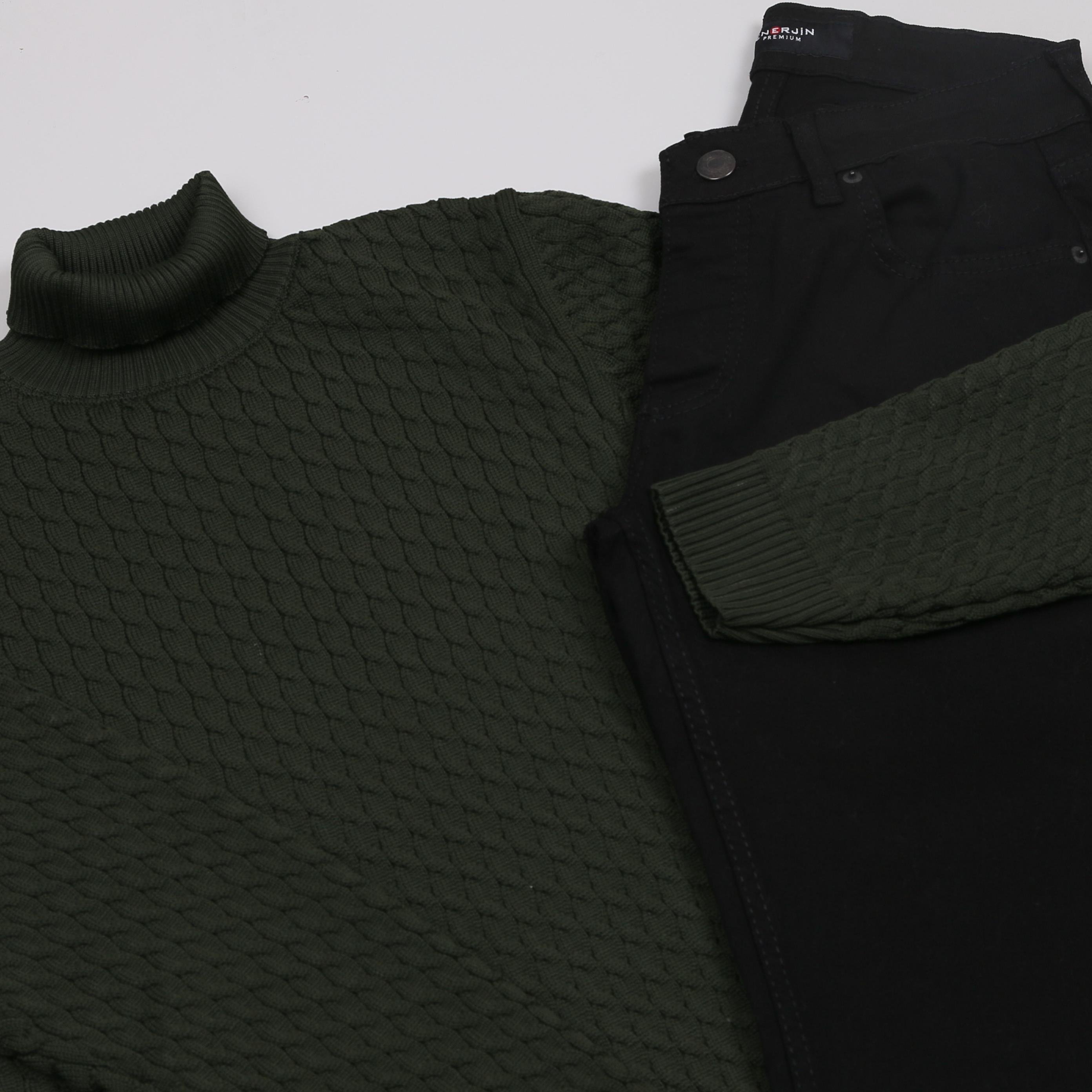 Haki Boğazlı triko siyah kot Pantolon