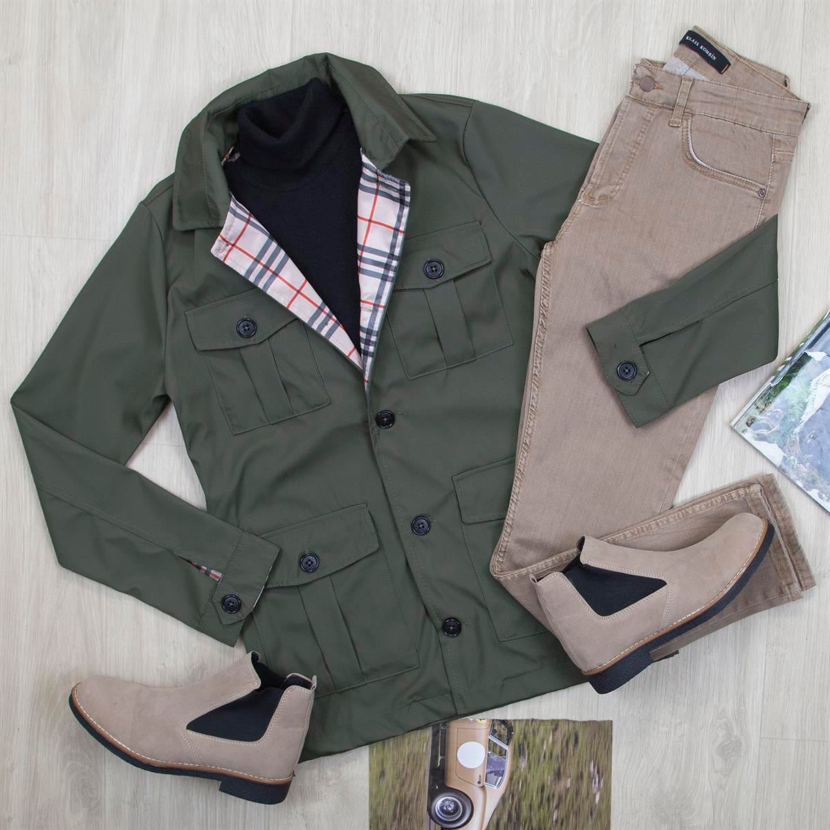 Haki Ceket Boğazlı Body Pantolon Bot Kombin