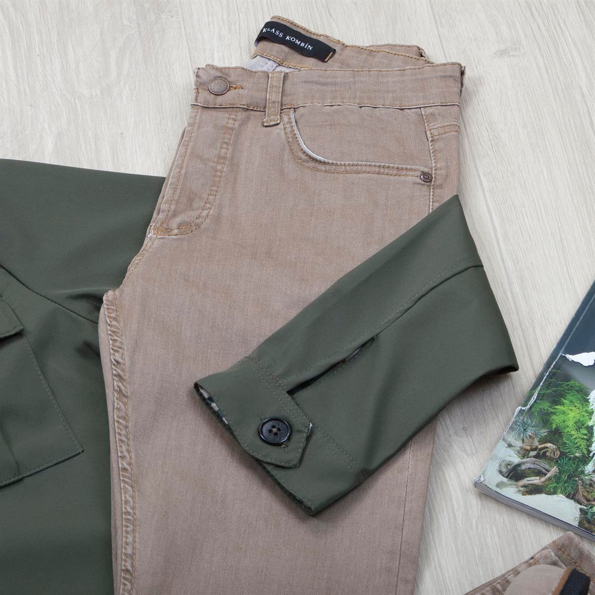 Haki Ceket Boğazlı Body Pantolon Bot Kombin