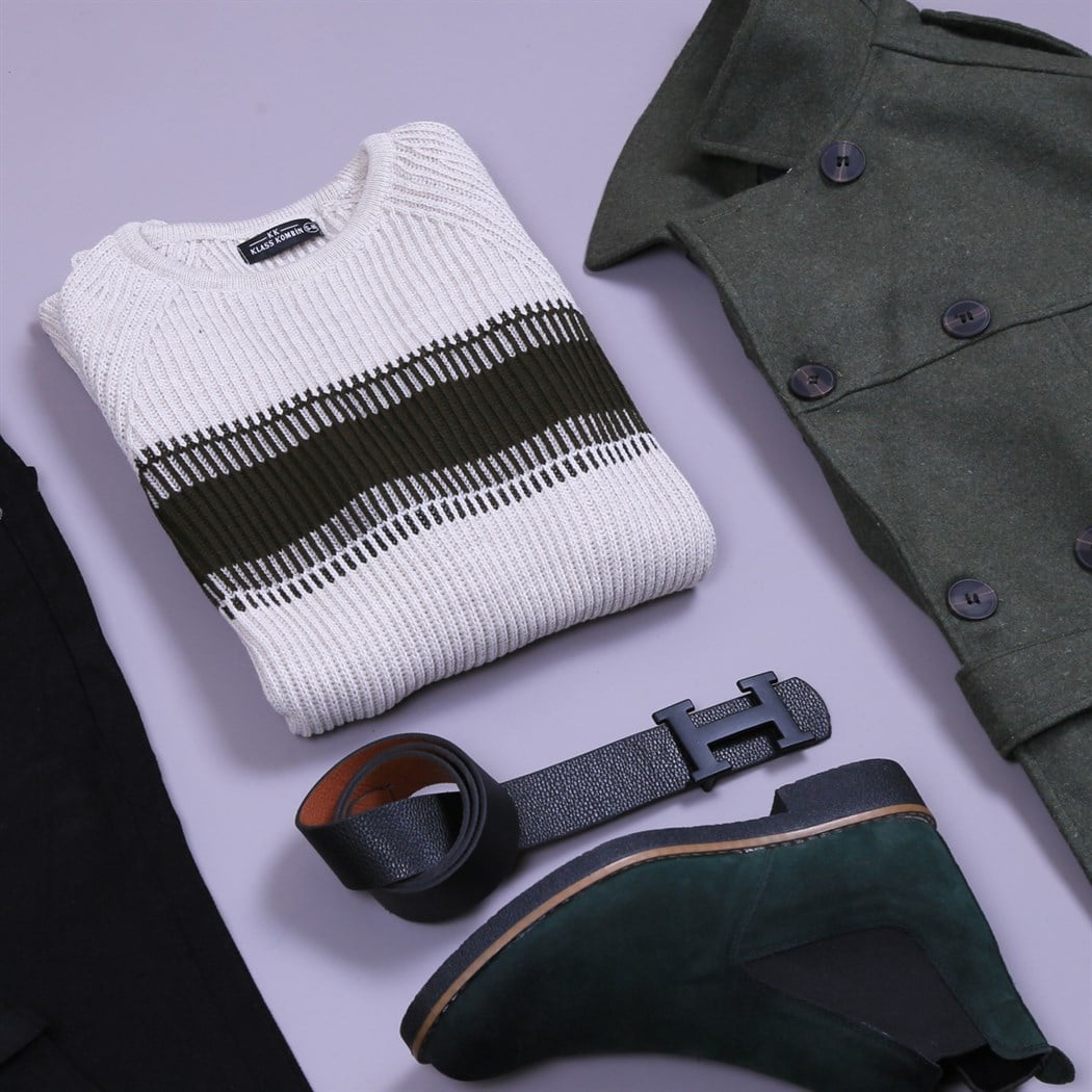 Haki Ceket Bot Pantolon Kazak kombini