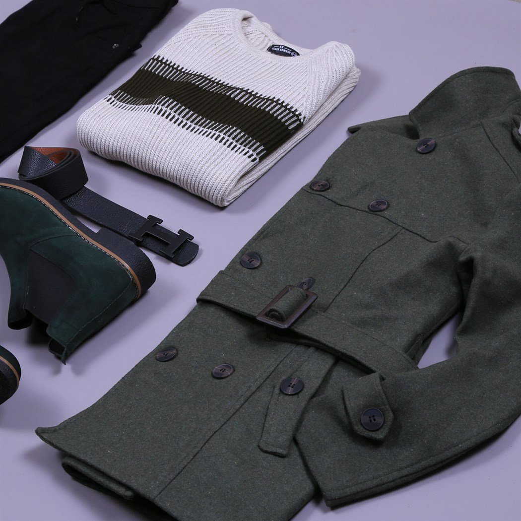 Haki Ceket Bot Pantolon Kazak kombini