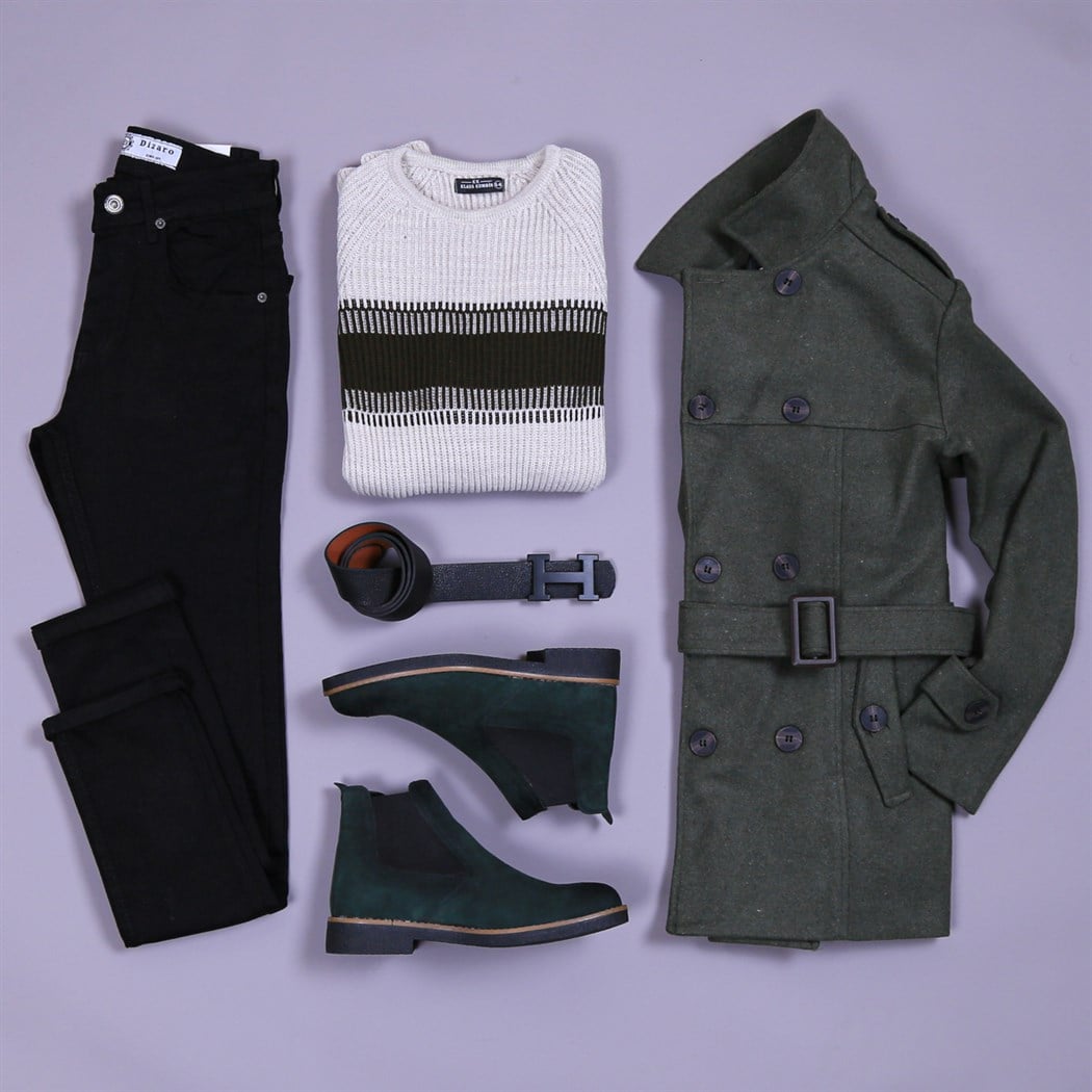 Haki Ceket Bot Pantolon Kazak kombini